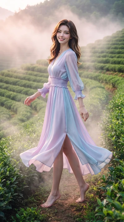 score_9, masterpiece, best quality, ultra-detailed, high-budget anime keyframe, editorial fashion photography, tasteful artistic composition, Korean woman. low angle full-body shot from head to toe showing her feet, filling the entire 9:16 vertical f