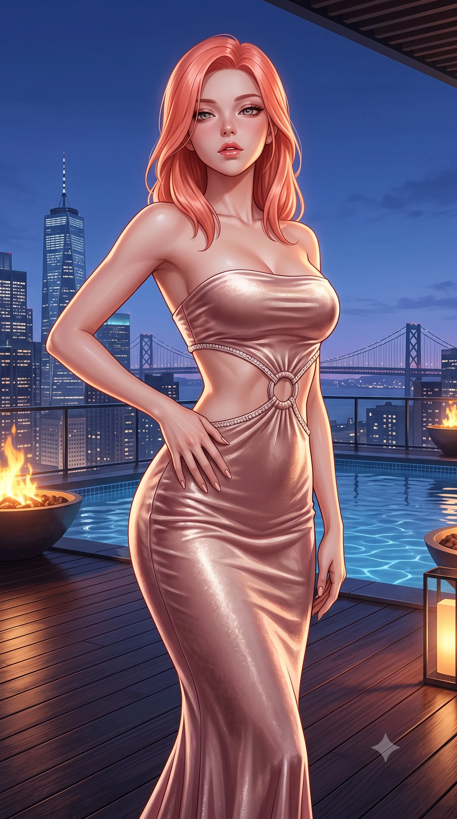 score_9, masterpiece, best quality, ultra-detailed, high-budget anime keyframe, semi-realistic 3D game render, editorial fashion photography, tasteful artistic composition, Japanese woman. close-up cowboy shot from the waist and thighs up, the character dominates the composition, filling the frame with her large presence. resting one manicured hand delicately on her hip bone, her upper body turning in a fluid, seductive S-curve while parted lips glisten in the light while pivoting gracefully on the polished balcony deck with hips shifted in a pronounced contrapposto stance, parted glossy lips reflecting city neon. The surrounding environment is rendered in vivid detail and crisp panoramic clarity. detailed skyscraper skyline panoramas, distant suspension bridges, and pool water ripples in high resolution. She has an exceptionally elegant, slender, and willowy female figure with an ultra-slim waist, a gracefully sculpted slender torso, toned flat midriff, and rounded feminine hips creating an alluring hourglass silhouette. sharp v-shaped jawline, high-bridge nose, intricate jewel-like eyes with depth, thick eyelashes, glossy parted lips with a natural sheen, intensely captivating and seductive bedroom-eyes expression, flawlessly proportioned anatomical accuracy, strict slender model proportions, natural body alignment, perfectly sculpted long slender limbs, ultra-slim waistline, clean dynamic posture without body distortion. wearing a sculptured strapless velvet evening gown with an open-waist ring cutout and body-hugging mermaid silhouette in dusky blush rose and champagne shimmer, crafted from heavyweight crushed silk velvet with liquid luster, finished with delicate crystal embroidery along the neckline and hem, the form-contouring material adhering flawlessly to her sculpted flat midriff and slender torso, emphasizing her long leg lines and perfectly proportioned willowy build. bathed in twilight indigo sky tones and warm amber rooftop fire pit glow. highly saturated vibrant anime colors, detailed shading with soft gradients, rich glossy textures, high-contrast stereoscopic depth, volumetric dynamic lighting, master piece, 9:16 ratio