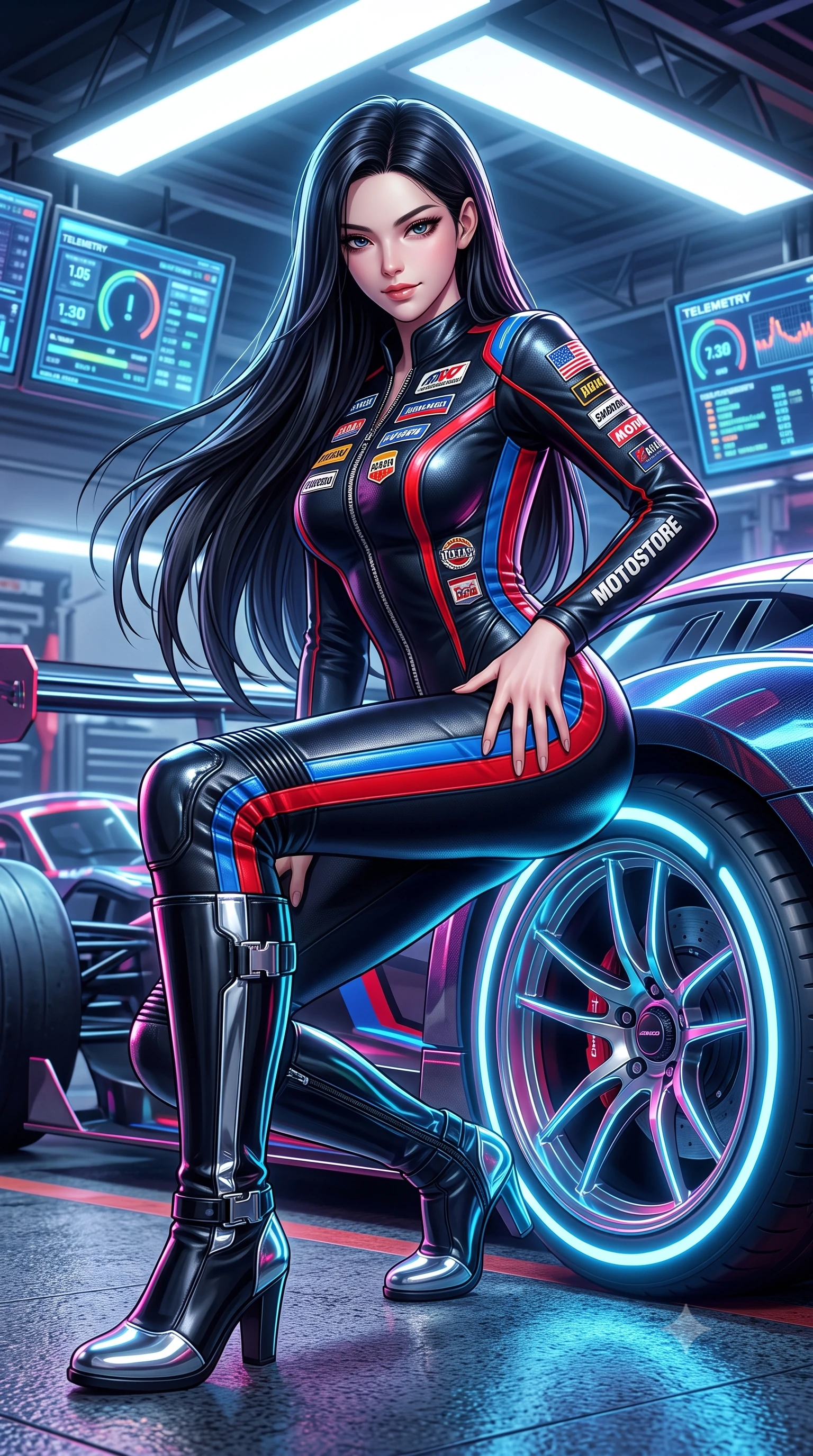 score_9, masterpiece, best quality, ultra-detailed, high-budget anime keyframe, semi-realistic 3D game render, editorial fashion photography, tasteful artistic composition, Korean woman. low angle full-body shot from head to toe showing her feet, filling the entire 9:16 vertical frame with her statuesque presence, stretching her vertical silhouette. reclining back languidly with one knee bent and spine arched in a breathtaking dancer line, commanding the entire 9:16 vertical frame while crouching low beside a glowing neon wheel rim, one hand resting on her thigh, casting an intense, electrifying smirk. The surrounding environment is rendered in vivid detail and crisp panoramic clarity. detailed leather racing suit sponsor patches, zipper teeth, and glowing telemetry HUD screens in high resolution. She has an absolutely perfect, statuesque 8.5-heads proportion, an exceptionally tall and slender model-like female figure with impossibly long slender legs, a toned flat midriff, and an ultra-slim waist. sharp v-shaped jawline, high-bridge nose, intricate jewel-like eyes with depth, thick eyelashes, glossy parted lips with a natural sheen, intensely captivating and seductive expression, flawlessly proportioned anatomical accuracy, strict slender model proportions, natural body alignment, perfectly sculpted long slender limbs, ultra-slim waistline, clean dynamic posture without body distortion. wearing a second-skin motocore bodysuit with bold racing stripes and ergonomic aerodynamic knee-high boots in pitch-black vinyl and specular chrome trim, crafted from compression knit fabric sculpting her athletic hourglass lines, finished with quick-release titanium buckles and neon-reflective piping, the liquid-tight tailored fabric emphasizing every curve of her tall, slender model proportions and sculptured silhouette. surrounded by a fierce, electrifying, and irresistibly intoxicating motorsport queen aura. highly saturated vibrant anime colors, detailed shading with soft gradients, rich glossy textures, high-contrast stereoscopic depth, volumetric dynamic lighting, master piece, 9:16 ratio