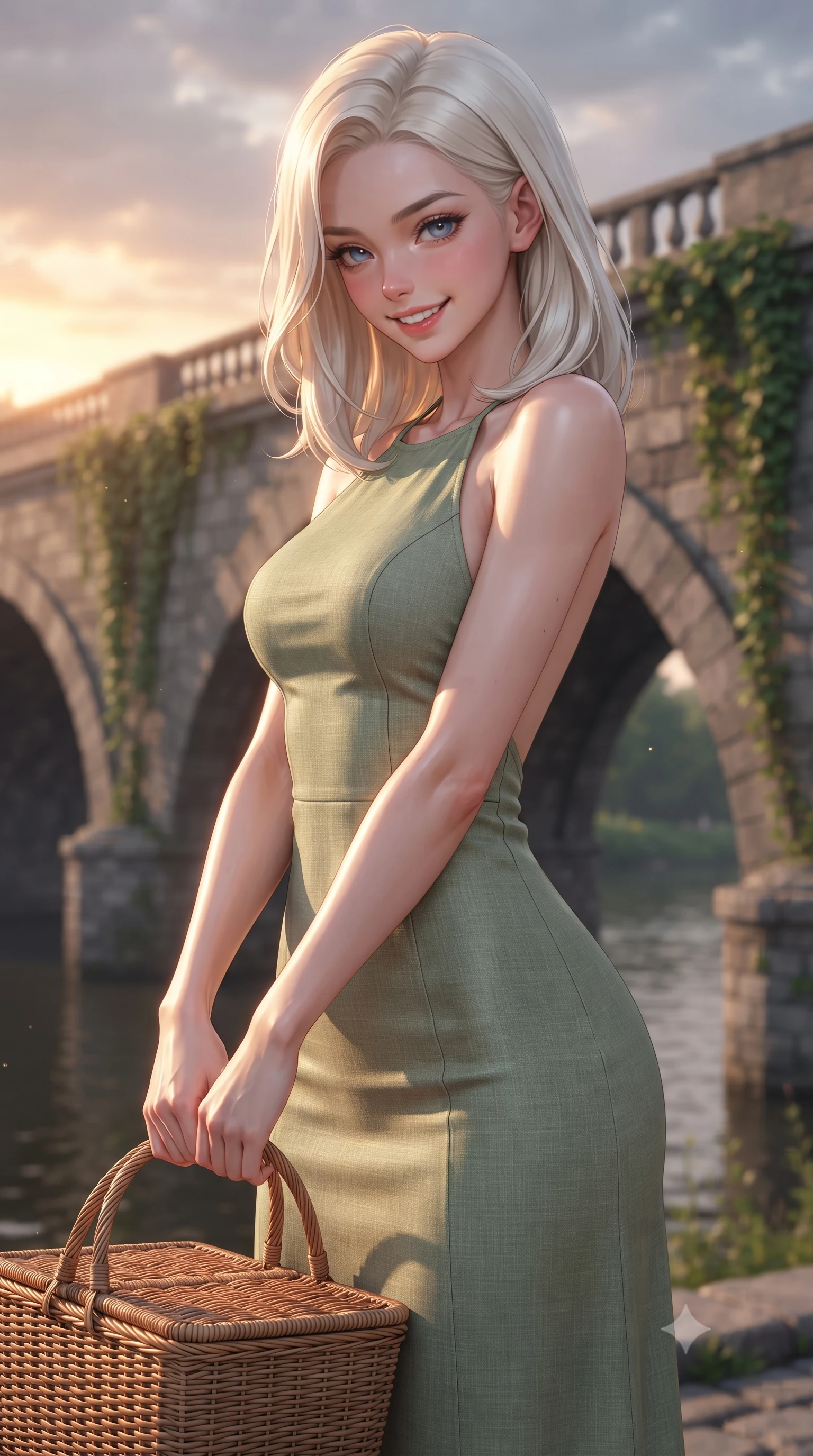score_9, masterpiece, best quality, ultra-detailed, high-budget anime keyframe, editorial fashion photography, tasteful artistic composition, Caucasian woman. close-up cowboy shot from the waist and thighs up, the character dominates the composition, filling the frame with her large presence, background elements kept in soft focus. looking down at the camera beneath lowered lashes with a quiet, alluring confidence set against a soft-focus background of next to a scenic river bridge with stone arches and green ivy vines holding a woven picnic basket with a bright, cheerful expression. She has an exceptionally elegant, slender, and willowy female figure with an ultra-slim waist, a gracefully sculpted slender torso, and a refined silhouette. sharp v-shaped jawline, high-bridge nose, intricate jewel-like eyes with depth, thick eyelashes, glossy lips with a natural sheen. wearing form-contouring backless linen halter dress in sage green, showing her elegant shoulder lines. volumetric sunset rays casting long warm highlights on her active form. ultra-reflective glossy finish, specular highlights, metallic sheen, high-contrast stereoscopic depth, volumetric dynamic lighting, 2k, ultra detail, master piece, 9:16 ratio