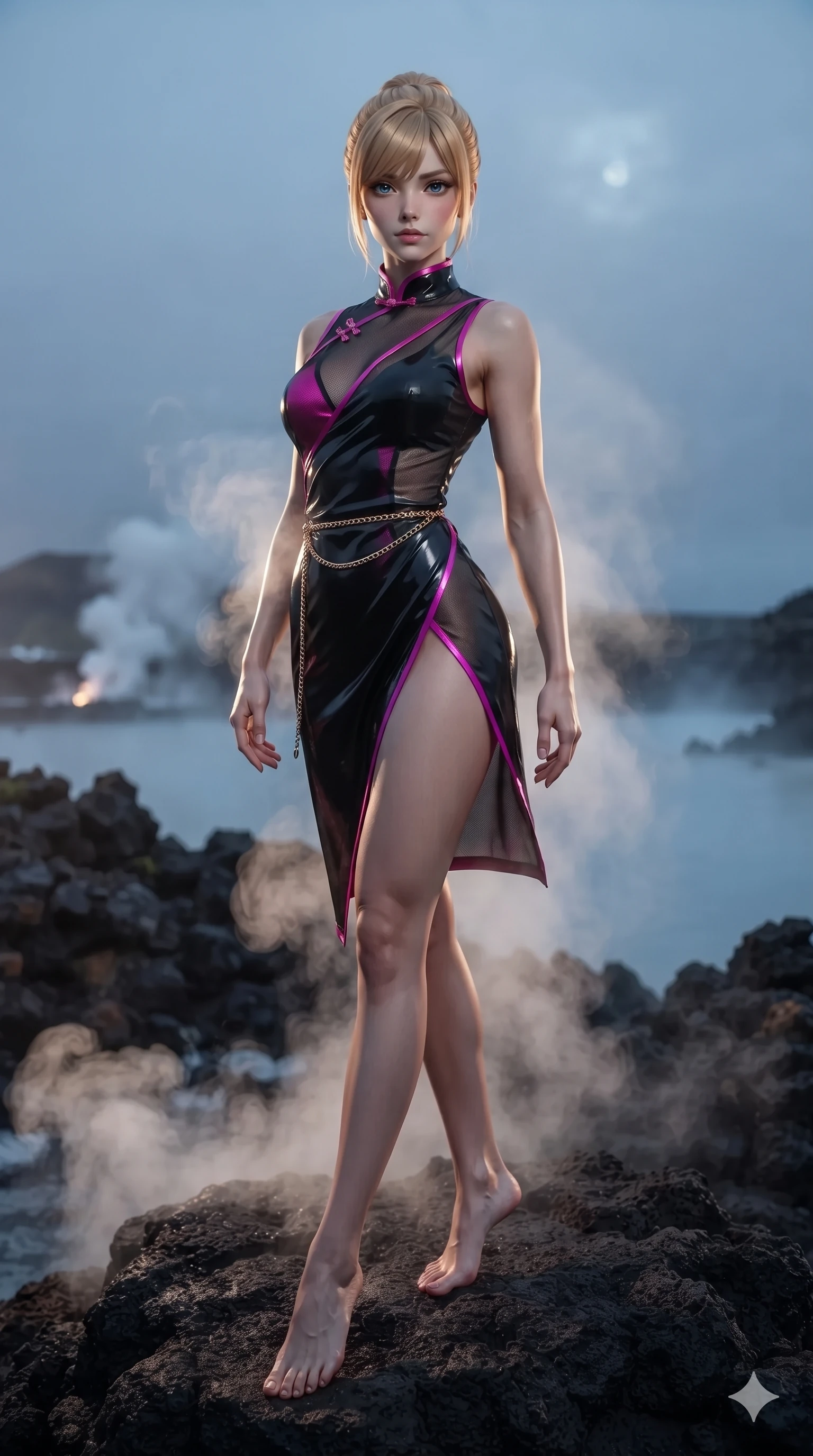 score_9, masterpiece, best quality, ultra-detailed, high-budget anime keyframe, editorial fashion photography, tasteful artistic composition, Caucasian woman. low angle full-body shot from head to toe showing her feet, filling the entire 9:16 vertical frame with her statuesque presence, stretching her vertical silhouette. reclining gracefully across the plush chaise lounge with one leg extended, her sculpted silhouette and flat midriff radiating magnetic nocturnal glamour while standing poised on the rugged basalt promontory between natural steam vents, arching her spine with dancer-like poise as thermal mist curls around her slender limbs. The background shows a soft-focus geothermal steam haze softened in volcanic rock lagoon shallow focus. She has an exceptionally tall and slender model-like 8.5-heads proportion, an ultra-slim waist, a flat toned midriff, narrow delicate ribcage, and beautifully sculpted feminine hips creating a graceful, slim hourglass silhouette without any bulky heaviness, with impossibly long slender legs. sharp v-shaped jawline, high-bridge nose, intricate jewel-like sparkling eyes with depth, thick eyelashes, glossy parted lips with a natural sheen, intensely captivating and seductive bedroom-eyes expression, exuding both youthful cute charm and sovereign luxury allure, flawlessly proportioned anatomical accuracy, strict slender model proportions, natural body alignment, perfectly sculpted long slender limbs, ultra-slim waistline, clean dynamic posture without body distortion. wearing a wet-look silk fusion wrap dress with asymmetrical sheer mesh cutouts and high Mandarin collar in black lacquer and vibrant magenta neon, crafted from bespoke double-faced cashmere with an exceptionally soft tactile finish, accented with a delicate gold chain belt resting loosely on her curvy hips, the form-contouring cut accentuating her sculpted flat midriff, narrow delicate ribcage, and gracefully curvy hips with intoxicating allure. bathed in the warm, moody ambient light of concealed rock-recessed spotlights combined with the soft silver glow of the moon. ultra-reflective glossy finish, specular highlights, rich textural contrasts, high-contrast stereoscopic depth, volumetric dynamic lighting, 2k, ultra detail, master piece, 9:16 ratio