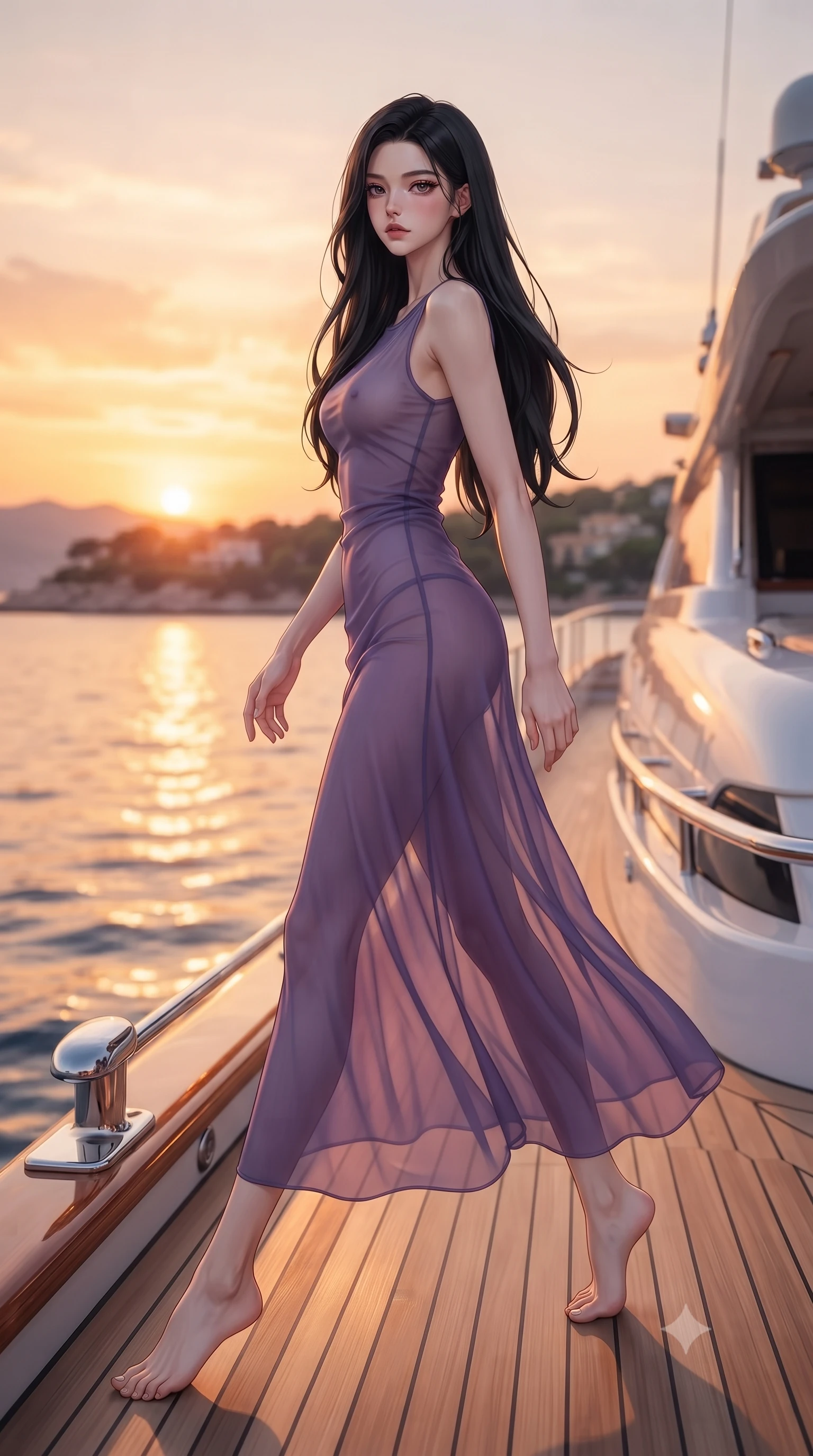 score_9, masterpiece, best quality, ultra-detailed, high-budget anime keyframe, editorial fashion photography, tasteful artistic composition, Korean woman. low angle full-body shot from head to toe showing her feet, filling the entire 9:16 vertical frame with her statuesque presence, stretching her vertical silhouette. stepping gracefully while looking back over her shoulder, her dress draped tightly to reveal her silhouette the background shows a soft-focus a luxury yacht deck anchored in a calm Mediterranean bay at sunset. She has an absolutely perfect, statuesque 8.5-heads proportion, an exceptionally tall and slender model-like female figure with impossibly long slender legs and an ultra-slim waist. sharp v-shaped jawline, high-bridge nose, intricate jewel-like eyes with depth, thick eyelashes, glossy lips with a natural sheen. wearing a slim-fit semi-transparent chiffon maxi dress in lavender, showing her silhouette through the sheer fabric. warm orange and gold sunset light reflecting off the quiet sea surface. highly saturated vibrant anime colors, detailed shading with soft gradients, rich glossy textures, high-contrast stereoscopic depth, volumetric dynamic lighting, master piece, 9:16 ratio