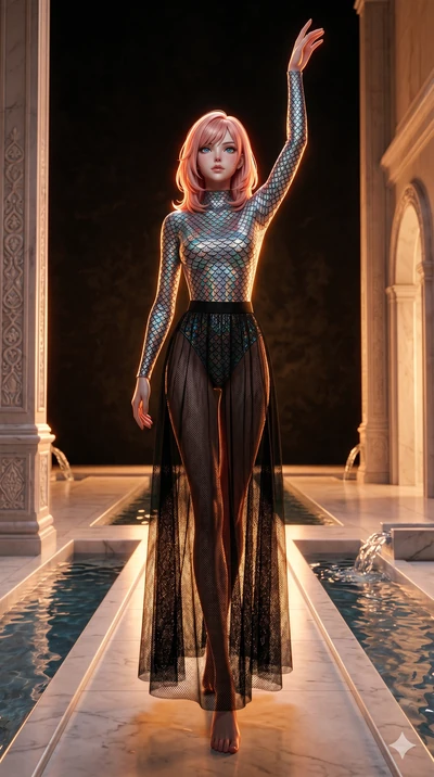 score_9, masterpiece, best quality, ultra-detailed, high-budget anime keyframe, editorial fashion photography, tasteful artistic composition, Japanese woman. low angle full-body shot from head to toe showing her feet, filling the entire 9:16 vertical