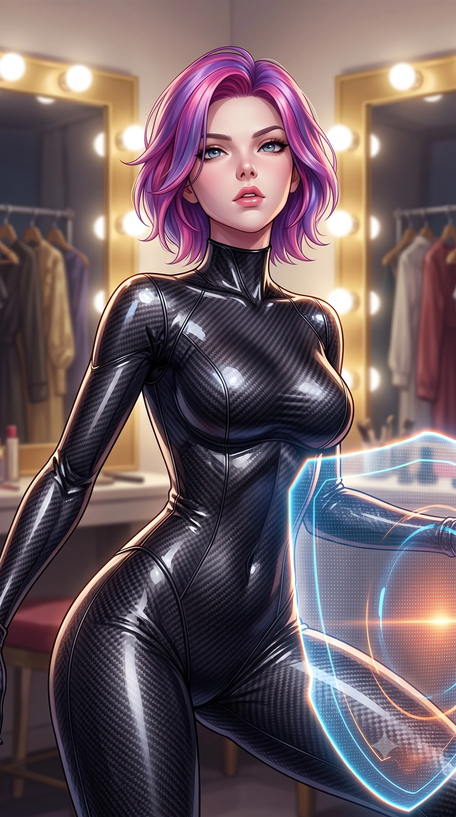 score_9, masterpiece, best quality, ultra-detailed, high-budget anime keyframe, editorial fashion photography, tasteful artistic composition, Caucasian woman. close-up cowboy shot from the waist and thighs up, the character dominates the composition, filling the frame with her large presence, background elements kept in soft focus. crouching slightly behind a glowing holographic shield emitter, looking up with defiance and lips slightly parted, the background shows a soft-focus a backstage dressing room with gold-trimmed mirrors and vintage costume racks. She has an exceptionally elegant, slender, and willowy female figure with an ultra-slim waist, a gracefully sculpted slender torso, and a refined silhouette. sharp v-shaped jawline, high-bridge nose, intricate jewel-like eyes with depth, thick eyelashes, glossy lips with a natural sheen. wearing a body-hugging skin-tight carbon-fiber pattern pilot bodysuit with a high-gloss finish, tracing every contour of her slender silhouette. bright vanity spotlights casting detailed front lighting and soft back shadows. highly saturated vibrant anime colors, detailed shading with soft gradients, rich glossy textures, high-contrast stereoscopic depth, volumetric dynamic lighting, master piece, 9:16 ratio