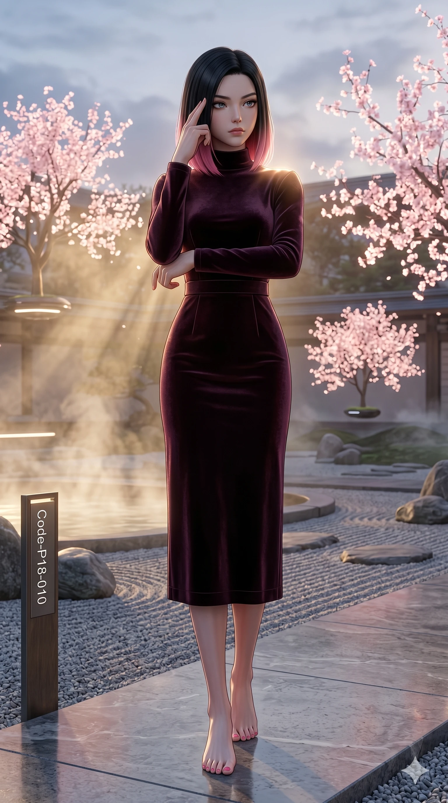 score_9, masterpiece, best quality, ultra-detailed, high-budget anime keyframe, editorial fashion photography, tasteful artistic composition, Korean woman. low angle full-body shot from head to toe showing her feet, filling the entire 9:16 vertical frame with her statuesque presence, stretching her vertical silhouette. pressing two fingers to her temple in a composed thoughtful gesture, looking past the camera with quiet, sharp focus by a futuristic zen garden with floating digital cherry trees at dusk (Code-P18-010). She has an absolutely perfect 8-heads proportion, an exceptionally tall and slender female figure with impossibly long slender legs and an ultra-slim waist. V-shaped jawline, high-bridge nose, intricate jewel-like eyes with depth, thick eyelashes, glossy lips with a natural sheen. wearing a high-neck velvet midi dress with long sleeves and a neat waistband. drenched in warm morning sunshine filtering through the rising steam, tracing her bare shoulders. 2k, ultra detail, master piece, 9:16 ratio