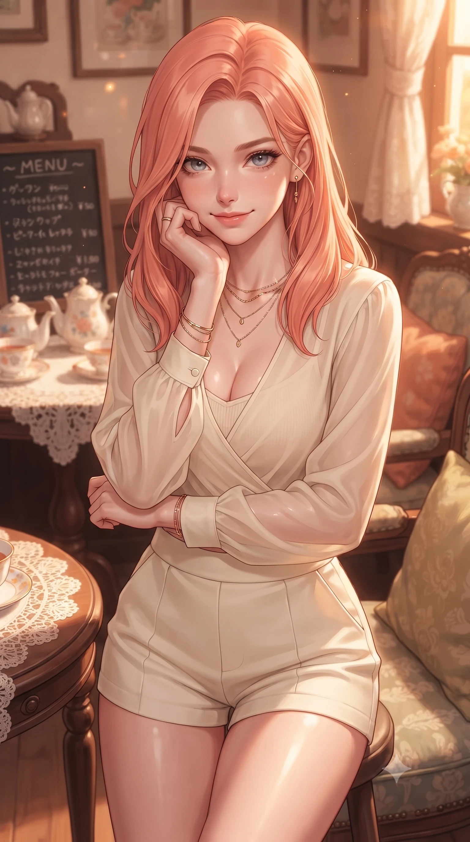 score_9, masterpiece, best quality, ultra-detailed, high-budget anime keyframe, editorial fashion photography, tasteful artistic composition, Japanese woman. close-up cowboy shot from the waist and thighs up, the character dominates the composition, filling the frame with her large presence, background elements kept in soft focus. smiling cutely while resting her chin on her hand, looking directly into the lens set against a soft-focus background of in a charming retro tea room with lace table runners and ceramic teapots with a handwritten menu board and cozy cushions on the chairs. She has an exceptionally elegant, slender, and willowy female figure with an ultra-slim waist, a gracefully sculpted slender torso, and a refined silhouette. sharp v-shaped jawline, high-bridge nose, intricate jewel-like eyes with depth, thick eyelashes, glossy lips with a natural sheen. wearing tailored sheer chiffon wrap top in cream, worn over a slim-fit knit bralette and low-cut shorts. golden hour sunset rays painting the cozy interior in a warm orange wash. ultra-reflective glossy finish, specular highlights, metallic sheen, high-contrast stereoscopic depth, volumetric dynamic lighting, 2k, ultra detail, master piece, 9:16 ratio