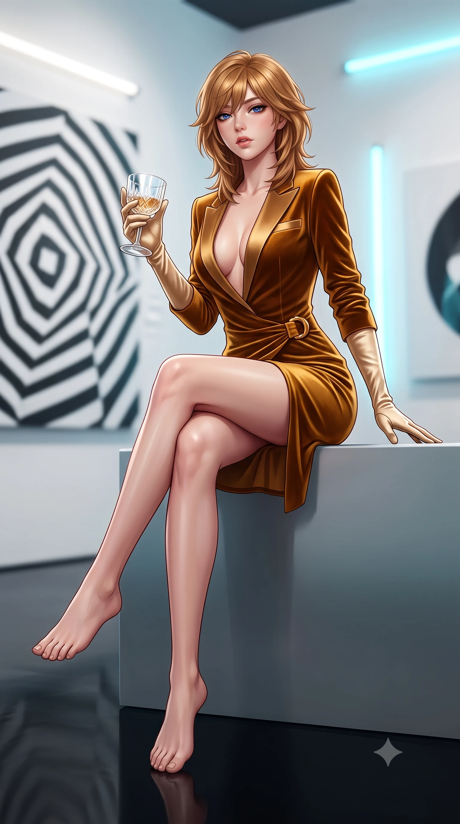 score_9, masterpiece, best quality, ultra-detailed, high-budget anime keyframe, semi-realistic 3D game render, editorial fashion photography, tasteful artistic composition, Korean woman. low angle full-body shot from head to toe showing her feet, filling the entire 9:16 vertical frame with her statuesque presence, stretching her vertical silhouette. sitting perched on the elevated edge with hips angled toward the camera and legs crossed, displaying her toned midriff and flawlessly sculpted slender limbs while gliding across the high-gloss black epoxy floor with sovereign elegance, glancing over a bare shoulder with parted glossy lips. The composition keeps background elements in soft focus with creamy bokeh. monumental geometric op-art canvases and minimalist neon wall tubes blurred into crisp alabaster, charcoal, and electric cyan bokeh. She has an exceptionally tall and slender model-like 8.5-heads proportion, an ultra-slim waist, a flat toned midriff, narrow delicate ribcage, and beautifully sculpted feminine hips creating a graceful, slim hourglass silhouette without any bulky heaviness, with impossibly long slender legs. sharp v-shaped jawline, high-bridge nose, intricate jewel-like eyes with depth, thick eyelashes, glossy parted lips with a natural sheen, intensely captivating and seductive bedroom-eyes expression, flawlessly proportioned anatomical accuracy, strict slender model proportions, natural body alignment, perfectly sculpted long slender limbs, ultra-slim waistline, clean dynamic posture without body distortion. wearing a tailored velvet tuxedo jacket dress with satin lapels, worn with a deep plunge neckline and gold hip buckle in molten desert gold and burnt terracotta, tailored from liquid silk jersey adhering flawlessly to her slender build, accessorized with opera-length satin gloves and a vintage crystal glass, the form-contouring material adhering flawlessly to her sculpted flat midriff and slender torso, emphasizing her long leg lines and perfectly proportioned willowy build. surrounded by a sophisticated, avant-garde, and dangerously seductive art-world muse aura. highly saturated vibrant anime colors, detailed shading with soft gradients, rich glossy textures, high-contrast stereoscopic depth, volumetric dynamic lighting, master piece, 9:16 ratio