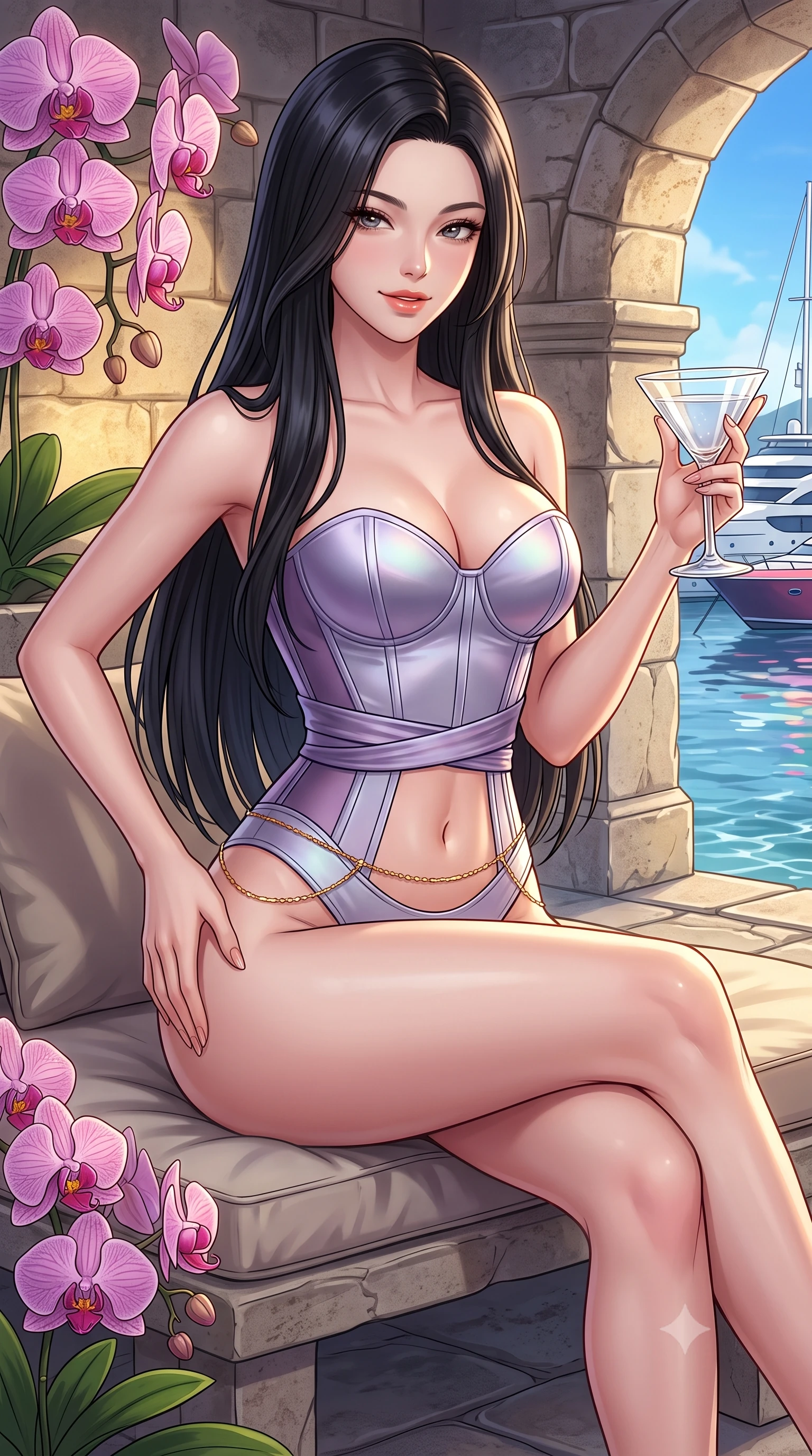 score_9, masterpiece, best quality, ultra-detailed, high-budget anime keyframe, semi-realistic 3D game render, editorial fashion photography, tasteful artistic composition, Korean woman. close-up cowboy shot from the waist and thighs up, the character dominates the composition, filling the frame with her large presence. tilting her head with a teasing half-smile, running one hand slowly down the side of her hip in a flirtatious S-curve as ambient light caresses her silhouette while sitting perched on the cushioned stone bench with legs extended, holding a crystal cocktail glass with dangerous high-fashion cool. The surrounding environment is rendered in vivid detail and crisp panoramic clarity: sharp orchid petal textures, weathered limestone arch joints, and harbor water ripple clarity in deep focus. She has an exceptionally elegant, slender, and willowy female figure with an ultra-slim waist, flat toned midriff, narrow ribcage, and sculpted feminine hips creating an alluring, slim hourglass silhouette without bulk. sharp v-shaped jawline, high-bridge nose, sparkling eyes with hypnotic seductive depth, thick curled eyelashes, glossy parted lips with a natural dewy peach sheen, alluring bedroom-eyes with an enchanting coquettish smile, exuding magnetic siren charisma and sophisticated glamour, flawlessly proportioned anatomical accuracy, strict slender model proportions, natural body alignment, perfectly sculpted long slender limbs, ultra-slim waistline, clean dynamic posture without body distortion. wearing a structured boned satin corset bodice with obi-inspired wrap ribbon cinching her ultra-slim waistline in dusk lavender and iridescent silver, tailored from fine structural neoprene with crisp architectural edges and smooth contouring, accented with a dainty gold belly chain resting across her flat midriff and curving hips, the liquid-tight tailored fabric clinging flawlessly to her narrow waist and rounded feminine hips, emphasizing every millimeter of her sculpted slim hourglass curves without any bulky heaviness. bathed in warm garden landscape uplighting mixed with dynamic multi-color reflections from harbor yachts. highly saturated vibrant anime colors, detailed shading with soft gradients, rich glossy textures, high-contrast stereoscopic depth, volumetric dynamic lighting, master piece, 9:16 ratio