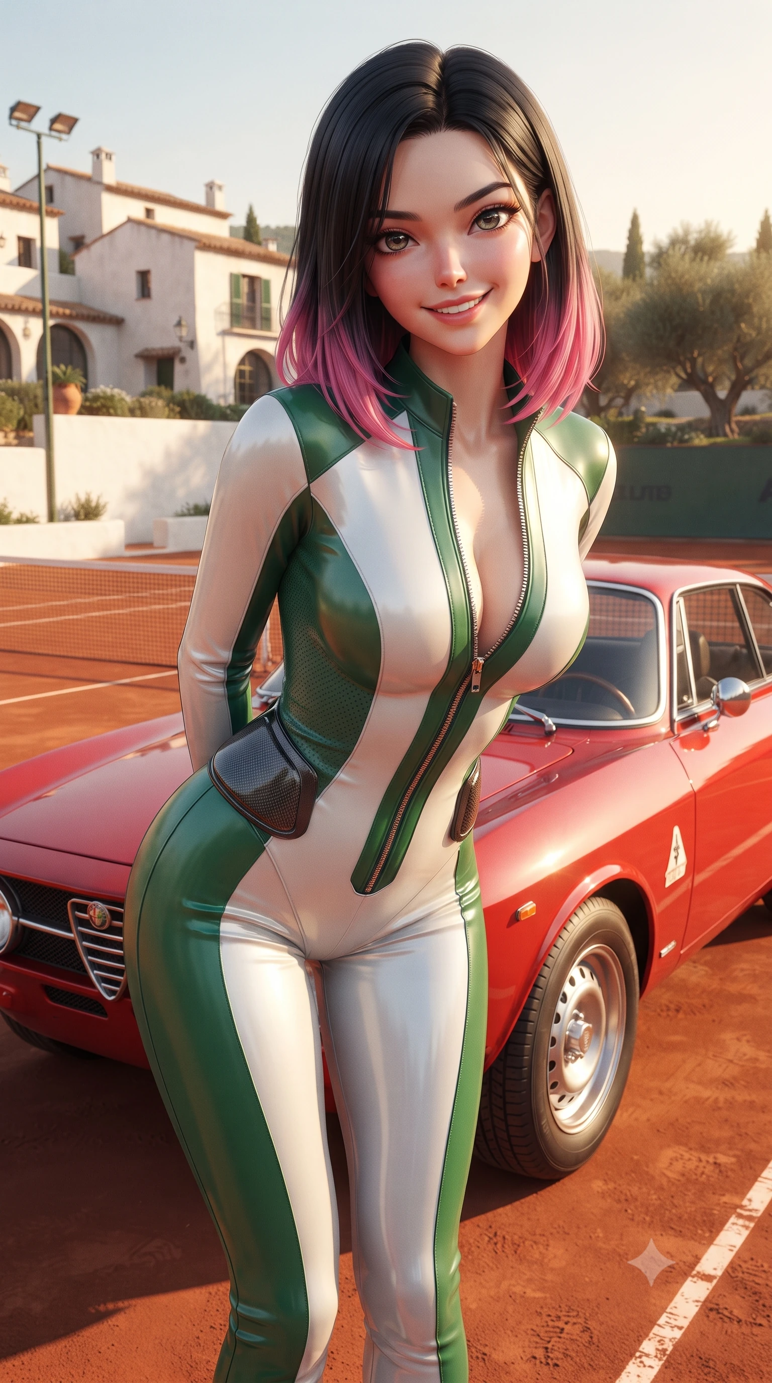score_9, masterpiece, best quality, ultra-detailed, high-budget anime keyframe, editorial fashion photography, tasteful artistic composition, Korean woman. close-up cowboy shot from the waist and thighs up, the character dominates the composition, filling the frame with her large presence. resting both hands lightly behind her back while leaning toward the lens with a cheerful, teasing grin, her form-fitting athletic suit hugging her narrow waist and hip curve while standing poised beside a vintage racing-red Alfa Romeo parked by the clay court with hips cocked back, casting an intoxicating, sunlit bedroom-gaze. The surrounding environment is rendered in vivid detail and crisp panoramic clarity: detailed piqué knit texture, dewy post-match glow on skin, and legendary Mediterranean tennis architecture in high resolution. She has an exceptionally elegant, slender, and willowy female figure with an ultra-slim waist, flat toned midriff, narrow ribcage, and sculpted feminine hips creating an alluring, slim hourglass silhouette without bulk. sharp v-shaped jawline, high-bridge nose, sparkling eyes with athletic focus and depth, thick curled eyelashes, glossy parted lips with a natural coral-peach sheen, bright confident and coquettish smile with alluring bedroom-eyes, exuding both youthful sporty vigor and sovereign high-society glamour, flawlessly proportioned anatomical accuracy, strict slender model proportions, natural body alignment, perfectly sculpted long slender limbs, ultra-slim waistline, clean dynamic posture without body distortion. wearing an ultra-tight form-contouring racing leather catsuit in two-tone white and British racing green with a deep-plunging zip neck in alpine silver platinum and forest green, woven from semi-opaque performance athletic mesh with hexagonal micro-perforations, accented with sleek aerodynamic carbon-fiber hip pads framing her narrow waist, the glove-like aerodynamic silhouette tightly following the natural contour of her hips and long slender legs with youthful 8.5-heads elegance. bathed in warm sunny afternoon light reflecting off the red clay surface and whitewashed club walls. ultra-reflective glossy finish, specular highlights, rich textural contrasts, high-contrast stereoscopic depth, volumetric dynamic lighting, 2k, ultra detail, master piece, 9:16 ratio