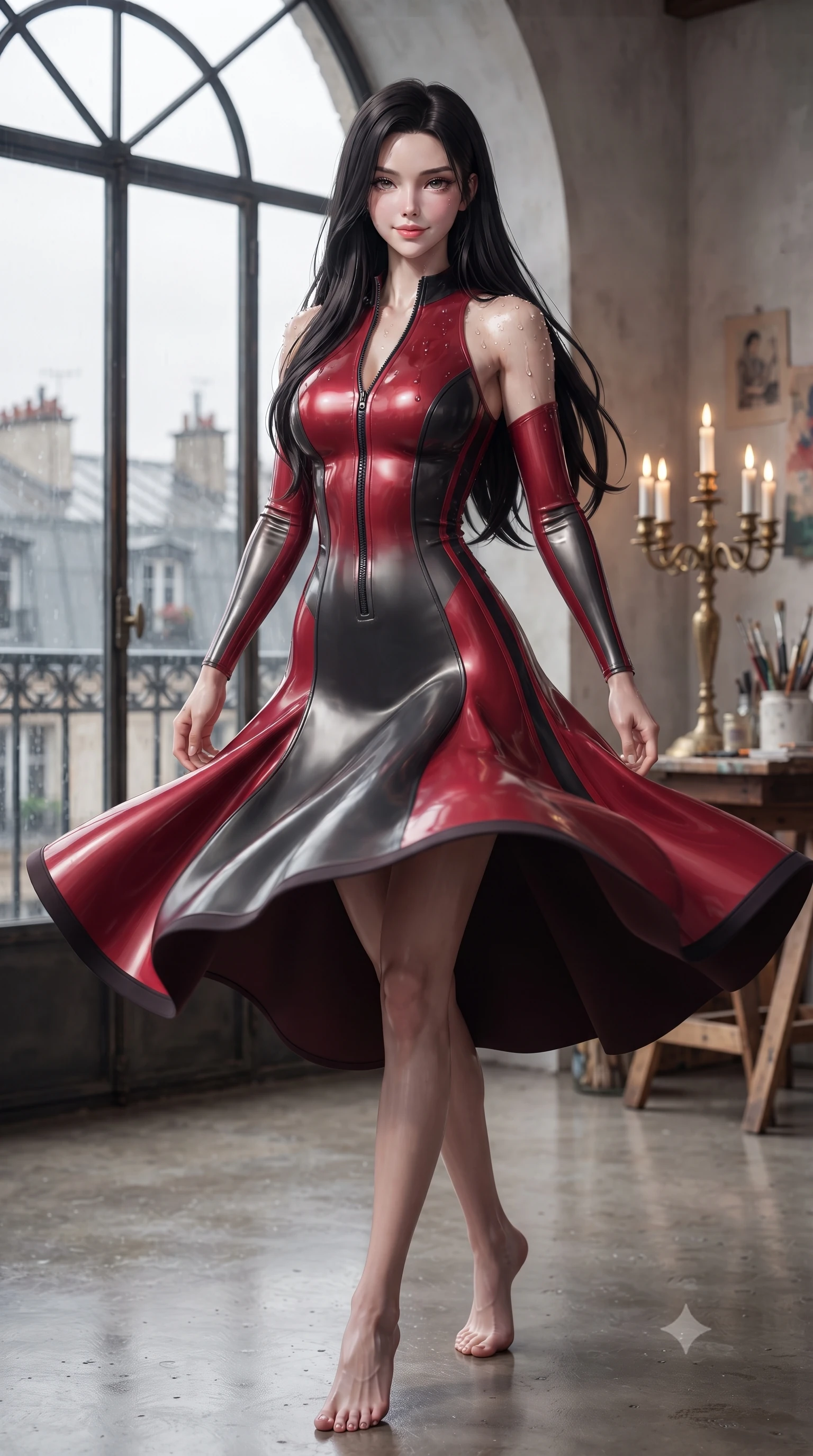 score_9, masterpiece, best quality, ultra-detailed, high-budget anime keyframe, editorial fashion photography, tasteful artistic composition, Korean woman. low angle full-body shot from head to toe showing her feet, filling the entire 9:16 vertical frame with her statuesque presence, stretching her vertical silhouette. executing a slow, graceful pivot turn as her skirt sways around her slender legs, glancing back with an enchanting, teasing sensual expression while standing tall beside the arched iron greenhouse window with hips cocked back, looking out over rainy Paris zinc rooftops with bedroom-eyes. The background shows a soft-focus brass candelabras softened in intimate bohemian atelier shallow focus. She has an absolutely perfect, statuesque 8.5-heads proportion, an exceptionally tall and slender model-like female figure with impossibly long slender legs, an ultra-slim waist, a flat toned midriff, narrow delicate ribcage, and beautifully sculpted feminine hips creating a graceful, slim hourglass silhouette without any bulky heaviness. sharp v-shaped jawline, high-bridge nose, sparkling eyes with hypnotic seductive depth, thick curled eyelashes, glossy parted lips with a natural dewy peach sheen, alluring bedroom-eyes with an enchanting coquettish smile, exuding magnetic siren charisma and sophisticated glamour, flawlessly proportioned anatomical accuracy, strict slender model proportions, natural body alignment, perfectly sculpted long slender limbs, ultra-slim waistline, clean dynamic posture without body distortion. wearing a form-contouring wet-look neoprene zip-front maillot with high-cut leg openings and racing side stripes in rich cherry lacquer and smoky charcoal, tailored from fine structural neoprene with crisp architectural edges and smooth contouring, finished with glistening drops of pool water beading across her sculpted shoulders and collarbones, the liquid-tight tailored fabric clinging flawlessly to her narrow waist and rounded feminine hips, emphasizing every millimeter of her sculpted slim hourglass curves without any bulky heaviness. illuminated by skylight reflection fill and sharp warm-gold rim lights sculpting her razor-sharp jawline, narrow waist, and curvy hips. ultra-reflective glossy finish, specular highlights, rich textural contrasts, high-contrast stereoscopic depth, volumetric dynamic lighting, 2k, ultra detail, master piece, 9:16 ratio