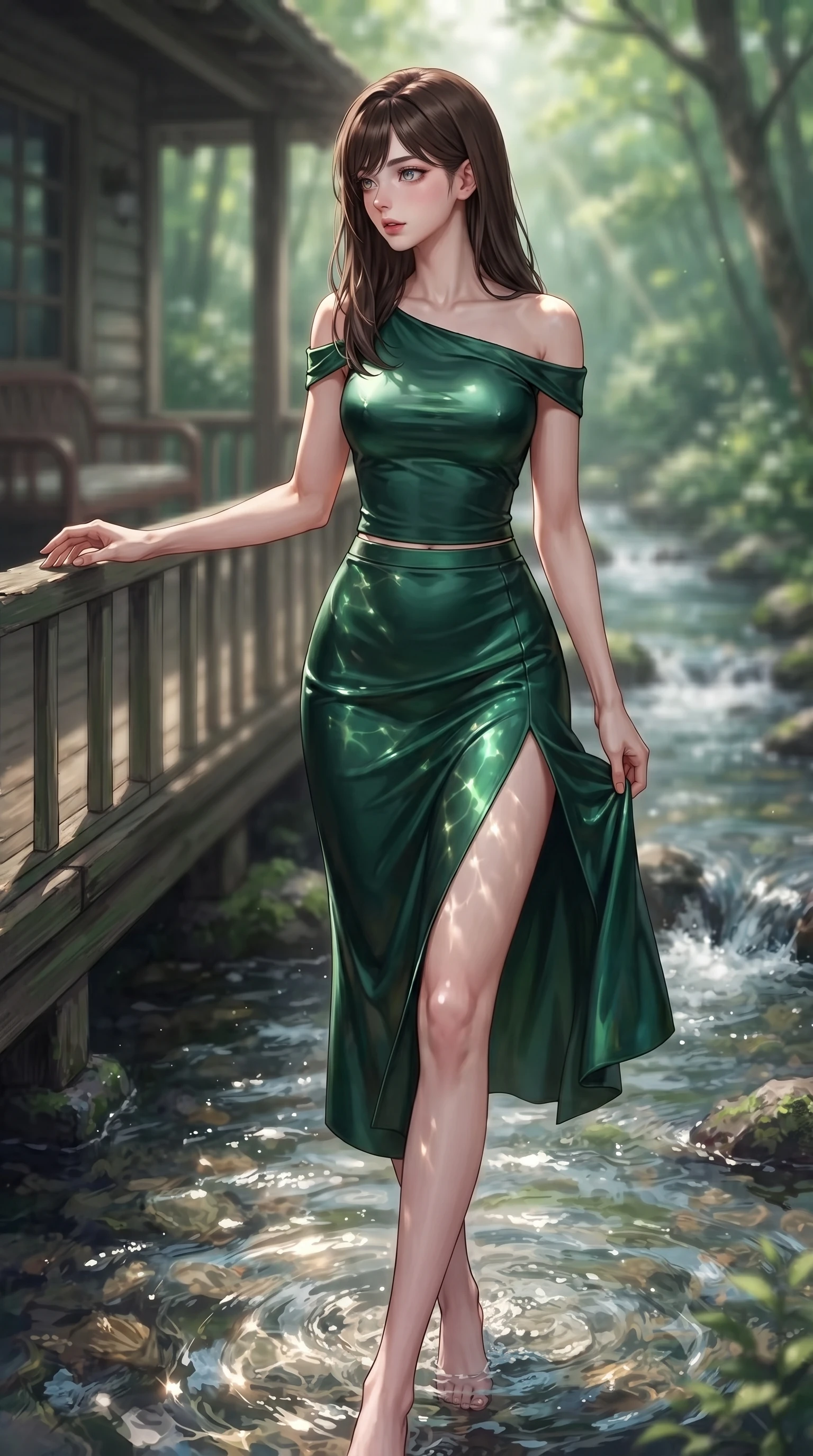score_9, masterpiece, best quality, ultra-detailed, high-budget anime keyframe, editorial fashion photography, tasteful artistic composition, Korean woman woman. low angle full-body shot from head to toe showing her feet, filling the entire 9:16 vertical frame with her statuesque presence, stretching her vertical silhouette. stepping gracefully while looking back over her shoulder, her dress draped tightly to reveal her silhouette the background shows a soft-focus a cozy cottage porch beside a bubbling forest stream with clear running water. She has an absolutely perfect, statuesque 8.5-heads proportion, an exceptionally tall and slender model-like female figure with impossibly long slender legs and an ultra-slim waist. sharp v-shaped jawline, high-bridge nose, intricate jewel-like eyes with depth, thick eyelashes, glossy lips with a natural sheen. wearing a slim-fit asymmetric off-shoulder top paired with a high-slit midi skirt, revealing a glimpse of her clavicle lines. dappled sunbeams reflecting off the moving water surface onto her form. ultra-reflective glossy finish, specular highlights, metallic sheen, high-contrast stereoscopic depth, volumetric dynamic lighting, 2k, ultra detail, master piece, 9:16 ratio