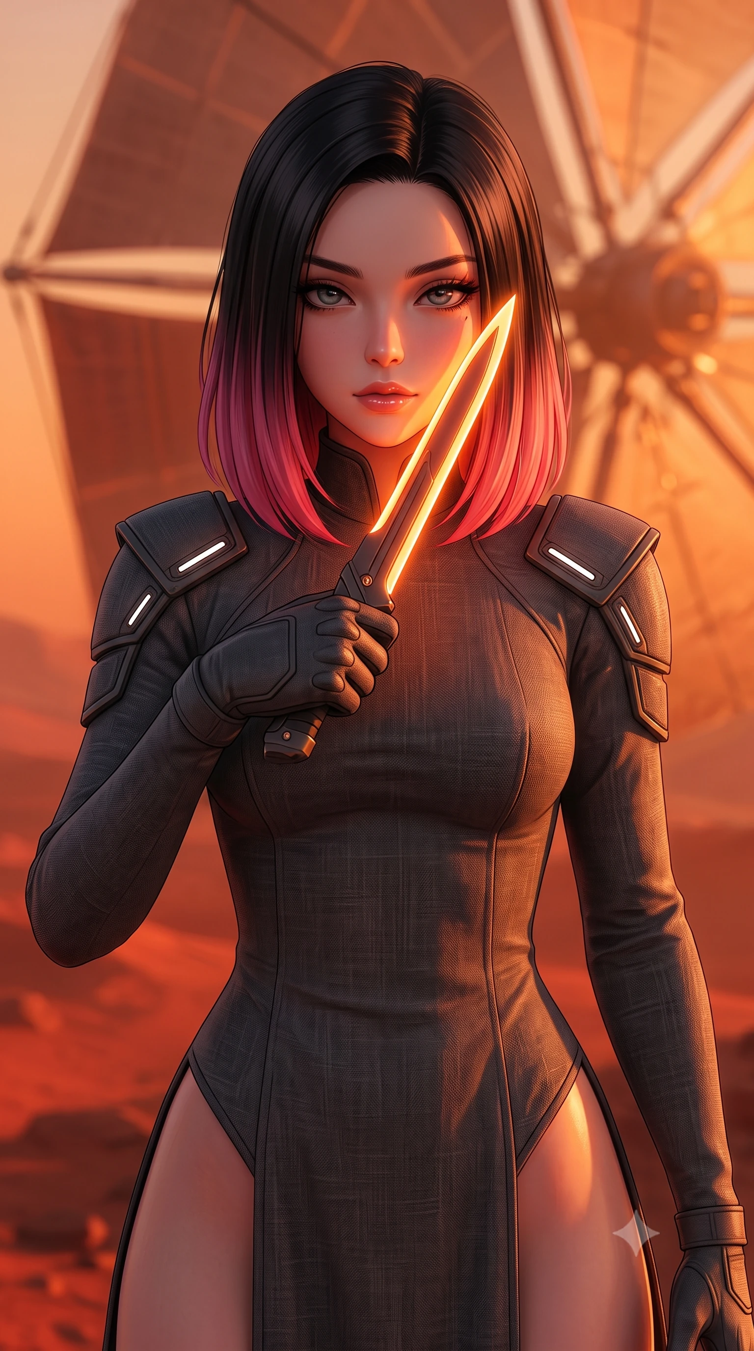 score_9, masterpiece, best quality, ultra-detailed, high-budget anime keyframe, editorial fashion photography, tasteful artistic composition, Korean woman. close-up cowboy shot from the waist and thighs up, the character dominates the composition, filling the frame with her large presence, background elements kept in soft focus. pressing the flat side of a glowing vibro-blade against her cheek, locking eyes with the viewer with bedroom-eyes, the background shows a soft-focus a high-altitude solar sail rig suspended over a red desert planet. She has an exceptionally elegant, slender, and willowy female figure with an ultra-slim waist, a gracefully sculpted slender torso, and a refined silhouette. sharp v-shaped jawline, high-bridge nose, intricate jewel-like eyes with depth, thick eyelashes, glossy lips with a natural sheen. wearing a form-contouring neo-gothic space defender robe in dark grey linen, featuring structured shoulder pauldrons and matching combat gloves. the dramatic orange glow of a desert planet sunset casting long shadows. highly saturated vibrant anime colors, detailed shading with soft gradients, rich glossy textures, high-contrast stereoscopic depth, volumetric dynamic lighting, master piece, 9:16 ratio