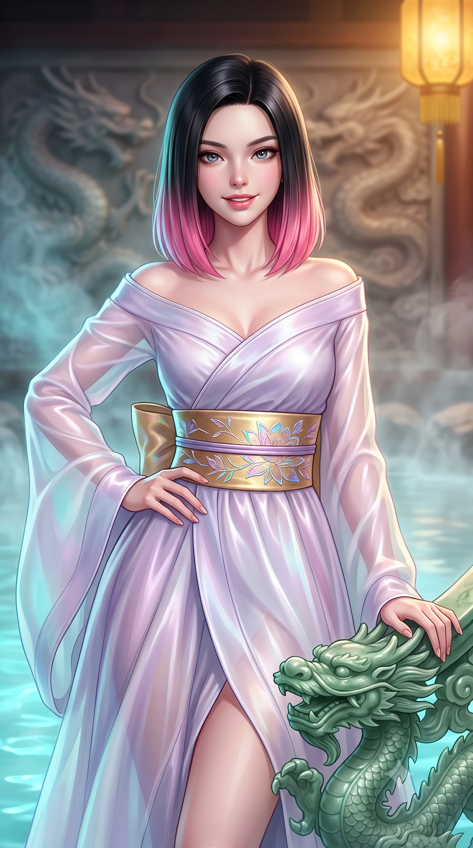 score_9, masterpiece, best quality, ultra-detailed, high-budget anime keyframe, semi-realistic 3D game render, editorial fashion photography, tasteful artistic composition, Korean woman. close-up cowboy shot from the waist and thighs up, the character dominates the composition, filling the frame with her large presence. smiling with subtle, enchanting allure and glossy parted lips, one hand resting on her waist with effortless supermodel poise while resting one hand on an ornate carved jade dragon railing, looking into the lens with a piercing, majestic gaze. The composition keeps background elements in soft focus with creamy bokeh. steaming mineral spring waters and carved dragon reliefs softened in atmospheric depth of field. She has an exceptionally elegant, slender, and willowy female figure with an ultra-slim waist, a gracefully sculpted slender torso, toned flat midriff, and a refined slim silhouette. sharp v-shaped jawline, high-bridge nose, intricate jewel-like eyes with depth, thick eyelashes, glossy lips with a natural sheen, captivating and magnetic expression, flawlessly proportioned anatomical accuracy, strict slender model proportions, natural body alignment, perfectly sculpted long slender limbs, ultra-slim waistline, clean dynamic posture without body distortion. wearing a celestial lotus-inspired layered chiffon gown with an exposed clavicle bodice in ethereal lilac mist and pearlescent white, crafted from traditional Korean gossamer silk organza with pearlescent luster, complemented by a wide metallic gold obi sash with holographic floral embroidery, the form-contouring material adhering flawlessly to her sculpted flat midriff and slender torso, emphasizing her long leg lines and perfectly proportioned willowy build. bathed in luminous cyan dragon spring uplights and warm imperial gold lantern downlights. highly saturated vibrant anime colors, detailed shading with soft gradients, rich glossy textures, high-contrast stereoscopic depth, volumetric dynamic lighting, master piece, 9:16 ratio