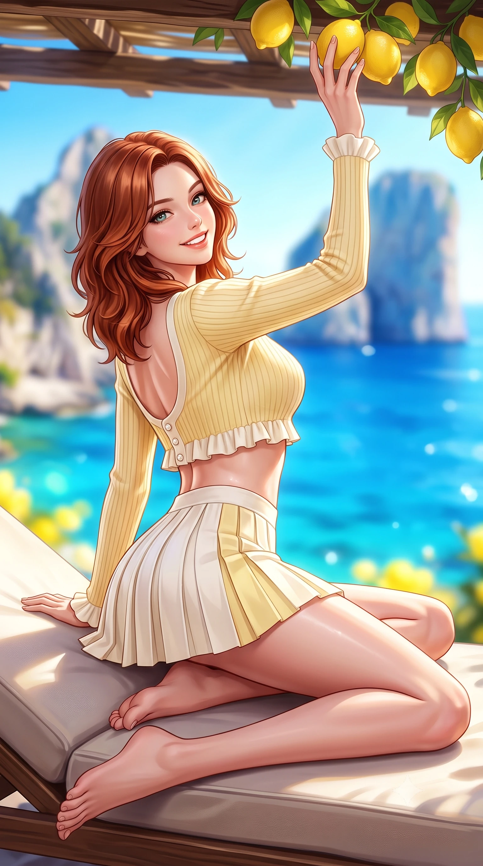 score_9, masterpiece, best quality, ultra-detailed, high-budget anime keyframe, semi-realistic 3D game render, editorial fashion photography, tasteful artistic composition, Korean woman. low angle full-body shot from head to toe showing her feet, filling the entire 9:16 vertical frame with her statuesque presence, stretching her vertical silhouette. reclining languidly on her side across the sunbed with one knee drawn up, her radiant smile and arched hip curve commanding the 9:16 vertical frame with youthful sensual charisma while reaching up playfully with one hand toward a ripe yellow lemon in the rustic pergola, arching her back to highlight her curvaceous hips and flat midriff. The composition keeps background elements in soft focus with dreamy creamy bokeh. sun-drenched cobalt Mediterranean sea and dramatic Capri limestone cliffs blurred into radiant sapphire, turquoise, and lemon-yellow bokeh. She has an exceptionally tall and slender model-like 8.5-heads proportion, an ultra-slim waist, a flat toned midriff, narrow delicate ribcage, and beautifully sculpted feminine hips creating a graceful, slim hourglass silhouette without any bulky heaviness, with impossibly long slender legs. sharp v-shaped jawline, high-bridge nose, intricate jewel-like sparkling eyes with depth, thick eyelashes, glossy parted lips with a natural peach sheen, bright cheerful beaming smile with an enchanting and coquettish sensual glint, exuding both youthful cute charm and seductive allure, flawlessly proportioned anatomical accuracy, strict slender model proportions, natural body alignment, perfectly sculpted long slender limbs, ultra-slim waistline, clean dynamic posture without body distortion. wearing a cropped pastel ribbed knit cardigan paired with an ultra-short high-waisted pleated tennis skirt clinging tightly to her curvy hips in bright butter yellow and fresh cream white, crafted from soft cozy cashmere yarn with an airy drape, finished with subtle ruffle trims and delicate pearl buttons, the precision-cut side openings and low-back scoop framing her graceful spine and the sensual sweep of her slim, toned hips. illuminated by intense specular sea surface glints defining her sculpted collarbones, narrow waist, and curvy hips. highly saturated vibrant anime colors, detailed shading with soft gradients, rich glossy textures, high-contrast stereoscopic depth, volumetric dynamic lighting, master piece, 9:16 ratio