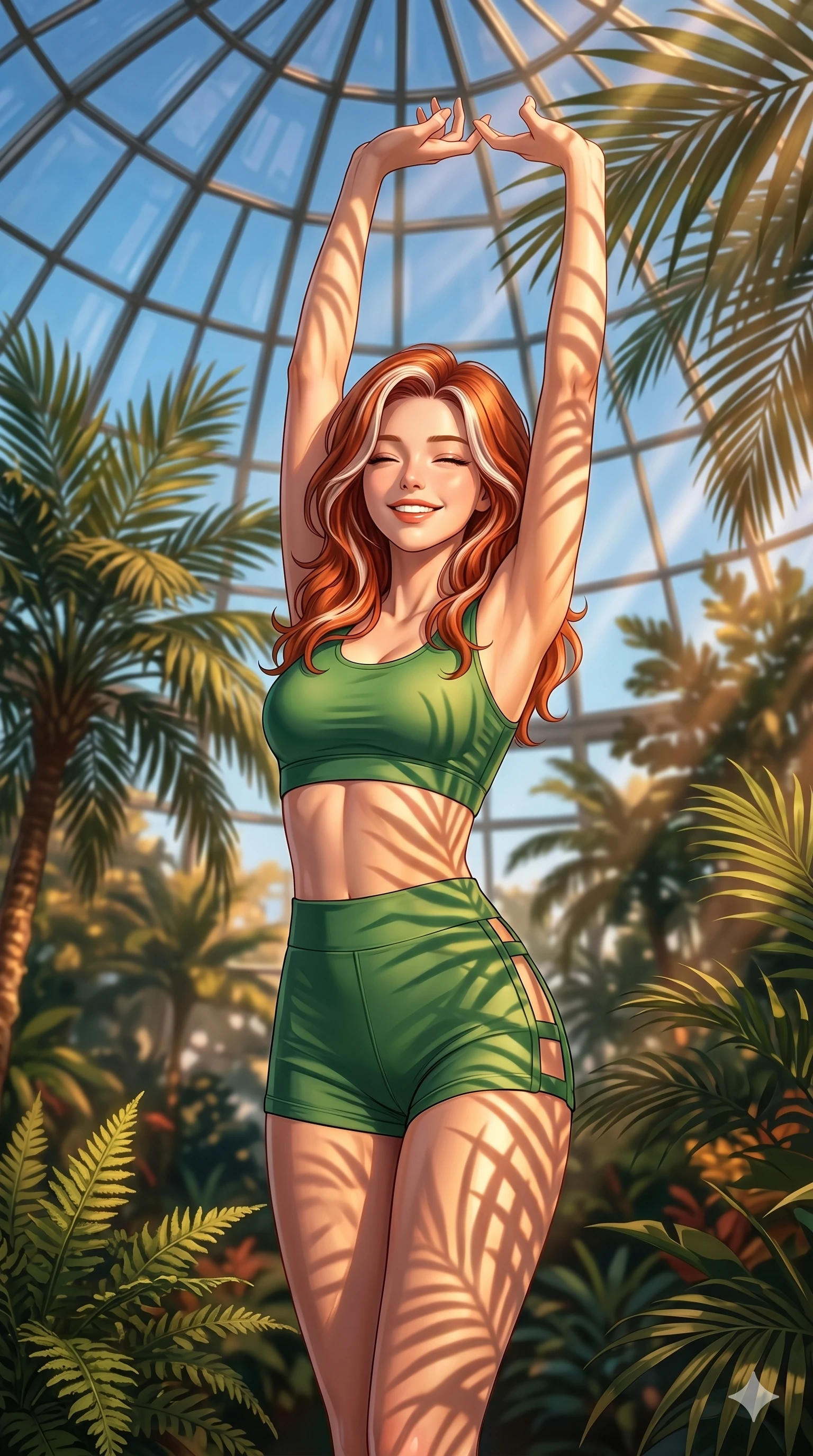 score_9, masterpiece, best quality, ultra-detailed, high-budget anime keyframe, editorial fashion photography, tasteful artistic composition, Caucasian woman, strictly human ears. cowboy shot from the thighs up, character and outfit filling the frame for maximum editorial presence. stretching her arms up gracefully with a bright, refreshed smile and closed eyes under a dome of glass panels reflecting blue skies in a lush indoor palm garden. She has an absolutely perfect 8-heads proportion, an exceptionally tall and slender female figure with impossibly long slender legs and an ultra-slim waist. V-shaped jawline, high-bridge nose, intricate jewel-like eyes with depth, thick eyelashes, glossy lips with a natural sheen. wearing a sporty, form-fitting green crop top and matching high-waisted shorts with side straps. bathed in warm, shimmering sunbeams casting tropical leaf shadows across her body. 2k, ultra detail, master piece, 9:16 ratio