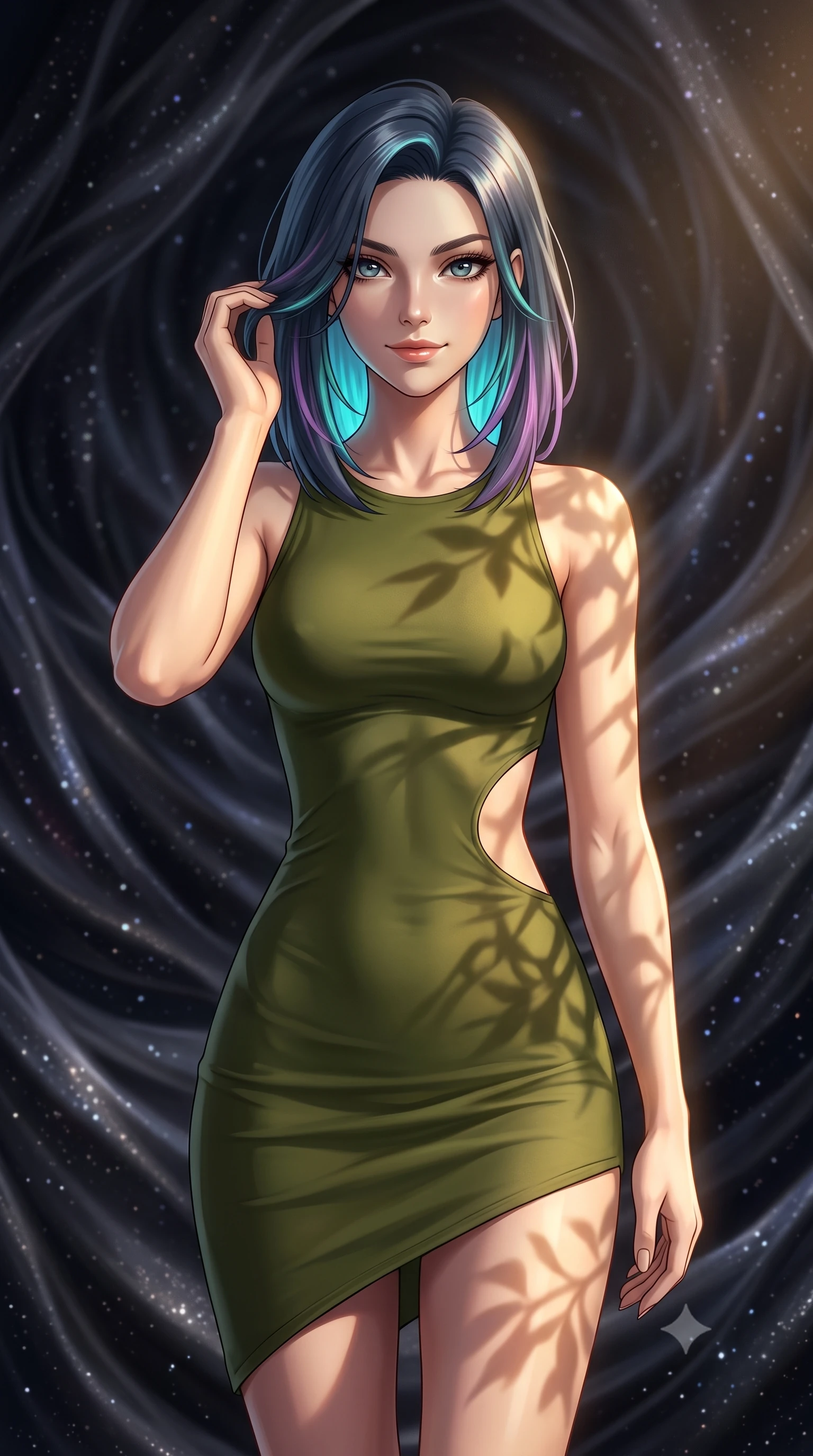 score_9, masterpiece, best quality, ultra-detailed, high-budget anime keyframe, editorial fashion photography, tasteful artistic composition, Caucasian woman, strictly human ears. close-up cowboy shot from the waist and thighs up, the character dominates the composition, filling the frame with her large presence, background elements kept in soft focus. Gently brushing hair from her face with an enigmatic half-smile. set against a soft-focus background of a chamber woven entirely from visible dark matter that shimmers like the darkest silk threaded with captured starlight the walls undulating slowly like cosmic fabric breathing in gravitational waves. She has an exceptionally elegant and slender, willowy female figure with an ultra-slim waist, a gracefully sculpted slender torso, and a refined slim physique. sharp v-shaped jawline, high-bridge nose, intricate jewel-like eyes with depth, thick eyelashes, glossy lips with a natural sheen. wearing a bodycon mini dress in olive green, featuring a side cut-out at the waist and an asymmetric hem. warm golden afternoon sunbeams casting soft organic leaf shadows across her skin. 2k, ultra detail, master piece, 9:16 ratio