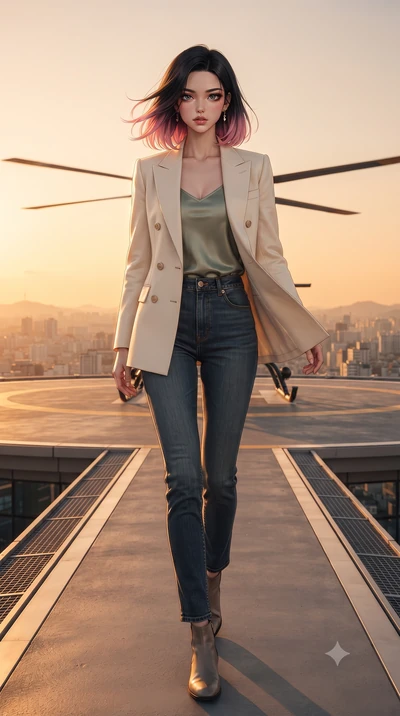 score_9, masterpiece, best quality, ultra-detailed, high-budget anime keyframe, editorial fashion photography, tasteful artistic composition, Korean woman. low angle full-body shot from head to toe showing her feet, filling the entire 9:16 vertical f
