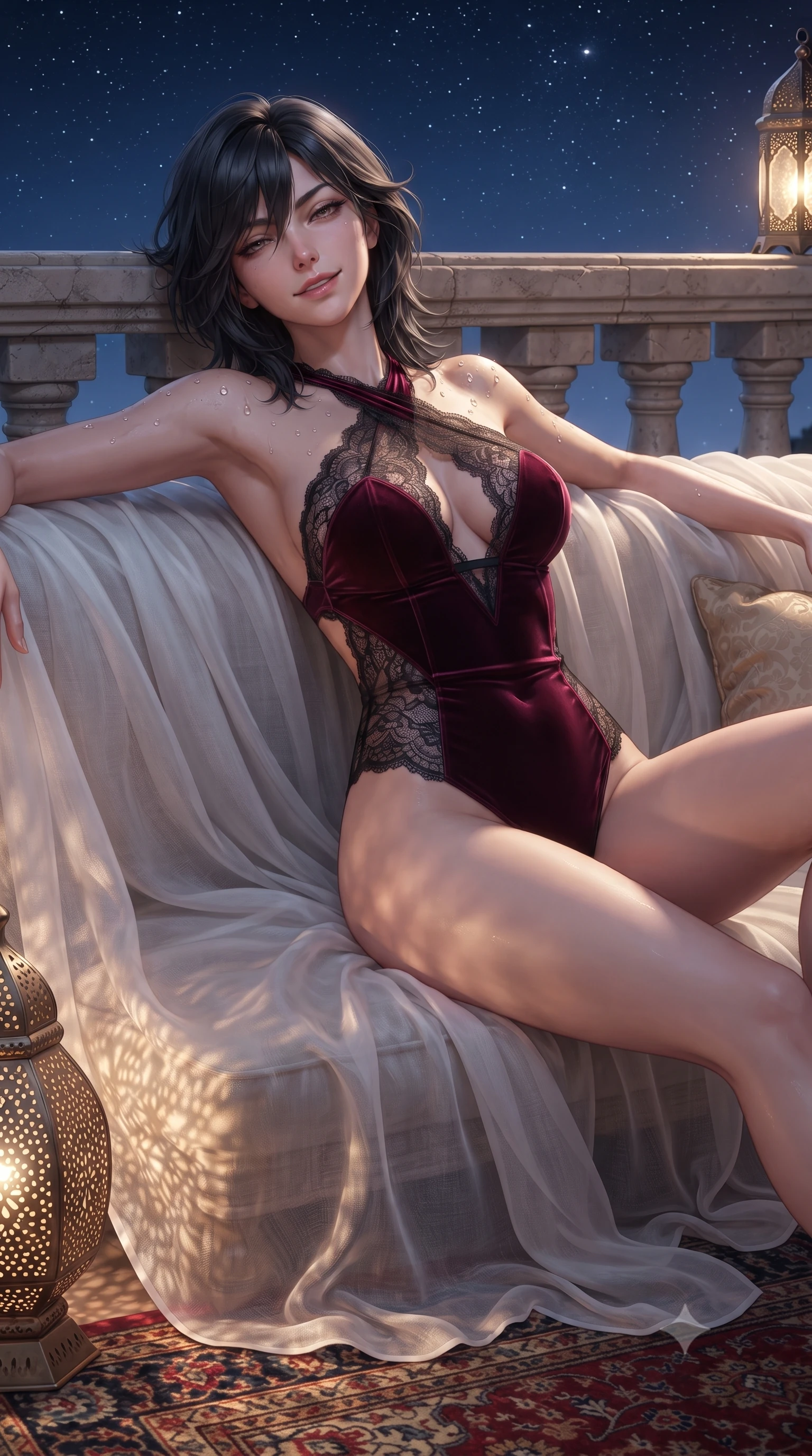 score_9, masterpiece, best quality, ultra-detailed, high-budget anime keyframe, editorial fashion photography, tasteful artistic composition, Caucasian woman. close-up cowboy shot from the waist and thighs up, the character dominates the composition, filling the frame with her large presence. leaning back against the balustrade with relaxed seductive grace, head tilted back slightly while casting a hypnotic, heavy-lidded gaze while lounging across the oversized plush silk divan draped in flowing sheer white linen, arching her spine with effortless supermodel poise under the stars. The surrounding environment is rendered in vivid detail and crisp panoramic clarity: sharp open-weave texture of linen fabric, intricate Moroccan brass lamp perforated shadows, and Persian silk rug pile in deep focus. She has an exceptionally elegant, slender, and willowy female figure with an ultra-slim waist, flat toned midriff, narrow ribcage, and sculpted feminine hips creating an alluring, slim hourglass silhouette without bulk. sharp v-shaped jawline, high-bridge nose, sparkling eyes with hypnotic seductive depth, thick curled eyelashes, glossy parted lips with a natural dewy peach sheen, alluring bedroom-eyes with an enchanting coquettish smile, exuding magnetic siren charisma and sophisticated glamour, flawlessly proportioned anatomical accuracy, strict slender model proportions, natural body alignment, perfectly sculpted long slender limbs, ultra-slim waistline, clean dynamic posture without body distortion. wearing a criss-cross halterneck keyhole bodysuit with open back and sculpted waist darts in deep bordeaux velvet and delicate black chantilly, woven from buttery-soft stretch lambskin leather adhering to her body like a second skin, finished with glistening drops of hot spring water beading across her sculpted shoulders and collarbones, the second-skin tailored fabric adhering flawlessly to her sculpted flat midriff and slender torso, emphasizing her long leg lines and perfectly proportioned willowy build. illuminated by lantern light scatter and sharp starry-platinum rim lights defining her delicate clavicles, ultra-slim waist, and curvy hips. ultra-reflective glossy finish, specular highlights, rich textural contrasts, high-contrast stereoscopic depth, volumetric dynamic lighting, 2k, ultra detail, master piece, 9:16 ratio