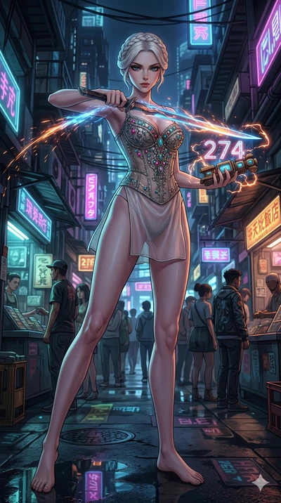 score_9, masterpiece, best quality, ultra-detailed, Set A: High-budget Anime Keyframe, Caucasian (strictly human ears) woman. Low angle cowboy shot filling the entire 9:16 frame with her statuesque presence. Drawing a blade through a futuristic night