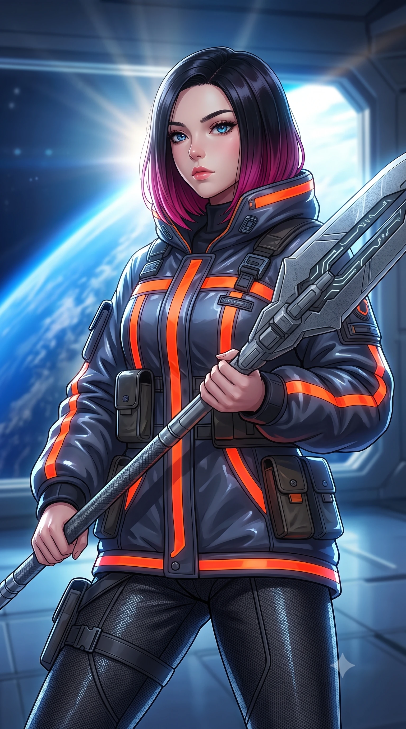 score_9, masterpiece, best quality, ultra-detailed, high-budget anime keyframe, editorial fashion photography, tasteful artistic composition, Korean woman. close-up cowboy shot from the waist and thighs up, the character dominates the composition, filling the frame with her large presence, background elements kept in soft focus. holding a deactivated nanotech glaive, looking past the camera with quiet, sharp focus and a composed expression, the background shows a soft-focus an orbital observation platform looking down at the curved atmosphere of Earth. She has an exceptionally elegant, slender, and willowy female figure with an ultra-slim waist, a gracefully sculpted slender torso, and a refined silhouette. sharp v-shaped jawline, high-bridge nose, intricate jewel-like eyes with depth, thick eyelashes, glossy lips with a natural sheen. wearing a form-contouring heavy polar-combat jacket with neon orange warning stripes, worn over thick carbon-mesh thermal trousers. blinding raw sunlight clashing with the deep blue curve of the planetary horizon. highly saturated vibrant anime colors, detailed shading with soft gradients, rich glossy textures, high-contrast stereoscopic depth, volumetric dynamic lighting, master piece, 9:16 ratio