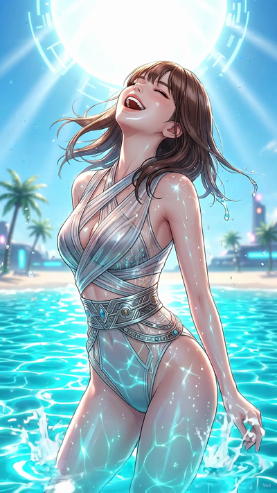 An atmospheric anime keyframe video with a slow-motion feel. The camera slowly glides sideways. Volumetric light rays stream from above, casting soft, moving shadows. Tiny dust particles drift in the light. The character's hair moves gently in a quie