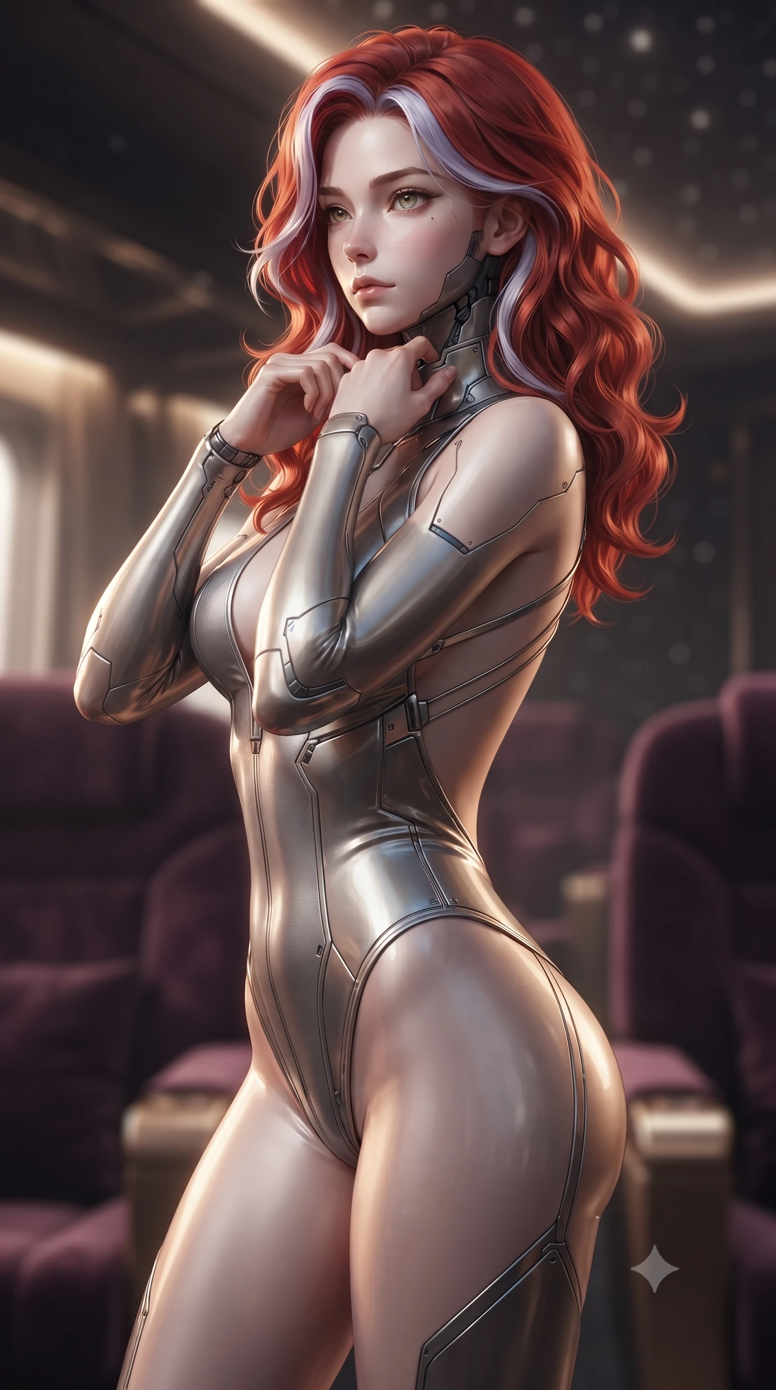 score_9, masterpiece, best quality, ultra-detailed, high-budget anime keyframe, editorial fashion photography, tasteful artistic composition, Caucasian woman. close-up cowboy shot from the waist and thighs up, the character dominates the composition, filling the frame with her large presence, background elements kept in soft focus. adjusting the high collar of her body-hugging suit, looking past the camera with quiet, sharp focus and a composed expression, the background shows a soft-focus a private compartment on a luxury star liner with velvet passenger seats. She has an exceptionally elegant, slender, and willowy female figure with an ultra-slim waist, a gracefully sculpted slender torso, and a refined silhouette. sharp v-shaped jawline, high-bridge nose, intricate jewel-like eyes with depth, thick eyelashes, glossy lips with a natural sheen. wearing a slim-fit low-cut cybernetic bodysuit with open-back design and thin structural straps crossing her bare shoulder blades. soft spotlighting highlighting the detailed fabrics and textures of her gear. ultra-reflective glossy finish, specular highlights, metallic sheen, high-contrast stereoscopic depth, volumetric dynamic lighting, 2k, ultra detail, master piece, 9:16 ratio