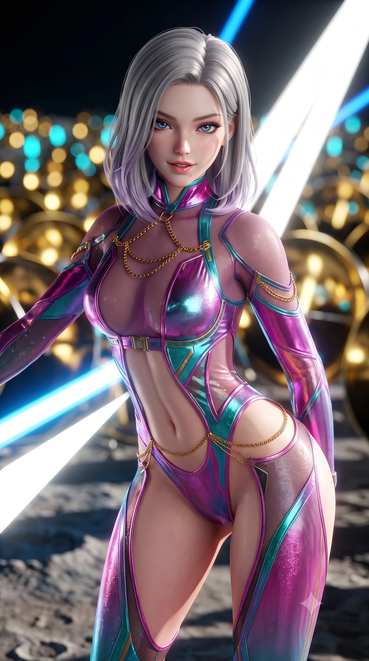 score_9, masterpiece, best quality, ultra-detailed, high-budget anime keyframe, semi-realistic 3D game render, editorial fashion photography, tasteful artistic composition, Caucasian woman. close-up cowboy shot from the waist and thighs up, the character dominates the composition, filling the frame with her large presence. leaning forward while arching her lower back to accentuate her curvy hips, looking into the camera with an intoxicating smoldering gaze and bedroom-eyes while twisting her slender torso in an alluring S-curve, blinding white solar collector beams painting dynamic light ribbons across her flat midriff and hips. The background shows a soft-focus vast fields of polished gold-coated parabolic mirrors reflecting the sun, blazing blue laser conduits, and scorched cratered Mercury surface blurred into gold, cyan, and charcoal bokeh. She has an exceptionally elegant, slender, and willowy female figure with an ultra-slim waist, flat toned midriff, narrow ribcage, and sculpted feminine hips creating an alluring, slim hourglass silhouette without bulk. sharp v-shaped jawline, high-bridge nose, intricate jewel-like sparkling eyes with depth, thick eyelashes, glossy parted lips with a natural peach sheen, bright cheerful beaming smile with an enchanting and coquettish sensual glint, exuding both youthful cute charm and seductive allure, flawlessly proportioned anatomical accuracy, strict slender model proportions, natural body alignment, perfectly sculpted long slender limbs, ultra-slim waistline, clean dynamic posture without body distortion. wearing a provocative sheer-illusion tactical combat bodysuit with strategic metallic foil flocking and high-cut leg openings in Shinjuku acid-rain magenta and cyan neon, crafted from stretch micro-mesh with liquid foil coating that shimmers with every movement, accented with a dainty gold belly chain resting across her flat midriff and curving hips, the form-contouring silhouette accentuating her sculpted flat midriff, narrow delicate ribcage, and gracefully curvy hips with intoxicating allure. bathed in pure high-intensity 5500K focused solar light contrasted with deep jet-black space shadows. highly saturated vibrant anime colors, detailed shading with soft gradients, rich glossy textures, high-contrast stereoscopic depth, volumetric dynamic lighting, master piece, 9:16 ratio