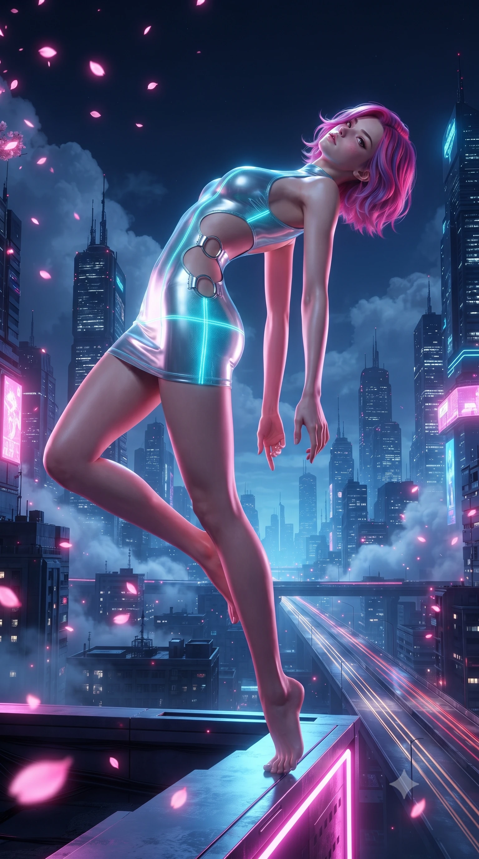 score_9, masterpiece, best quality, ultra-detailed, high-budget anime keyframe, editorial fashion photography, tasteful artistic composition, Caucasian woman. low angle full-body shot from head to toe showing her feet, filling the entire 9:16 vertical frame with her statuesque presence, stretching her vertical silhouette. arching her back in a fluid zero-gravity turn with sovereign grace, her long slender legs and sculpted torso creating a sweeping line while balancing with flawless poise on a neon-lit parapet high above the futuristic city clouds. The surrounding environment is rendered in vivid detail and crisp panoramic clarity. intricate cyberpunk skyscraper architecture, atmospheric clouds, and highway light trails in crisp clarity. She has an absolutely perfect, statuesque 8.5-heads proportion, an exceptionally tall and slender model-like female figure with impossibly long slender legs and an ultra-slim waist. sharp v-shaped jawline, high-bridge nose, intricate jewel-like eyes with depth, thick eyelashes, glossy lips with a natural sheen, flawlessly proportioned anatomical accuracy, natural body alignment, perfectly sculpted elegant limbs, clean dynamic posture without body distortion. wearing a second-skin fashion-latex mini dress with a clean architectural front, featuring an open-back design that wraps around the sides of her waist, showcasing her slender silhouette in liquid mercury silver and glowing electric cyan, tailored from semi-translucent cybernetic vinyl with glowing micro-filaments, detailed with polished silver rings connecting the daring side-waist cutouts, the form-contouring second-skin material highlighting her ultra-slim waist and long lines. illuminated by electric pink neon glow from sakura petals and deep blue urban night fill. ultra-reflective glossy finish, specular highlights, metallic sheen, high-contrast stereoscopic depth, volumetric dynamic lighting, 2k, ultra detail, master piece, 9:16 ratio