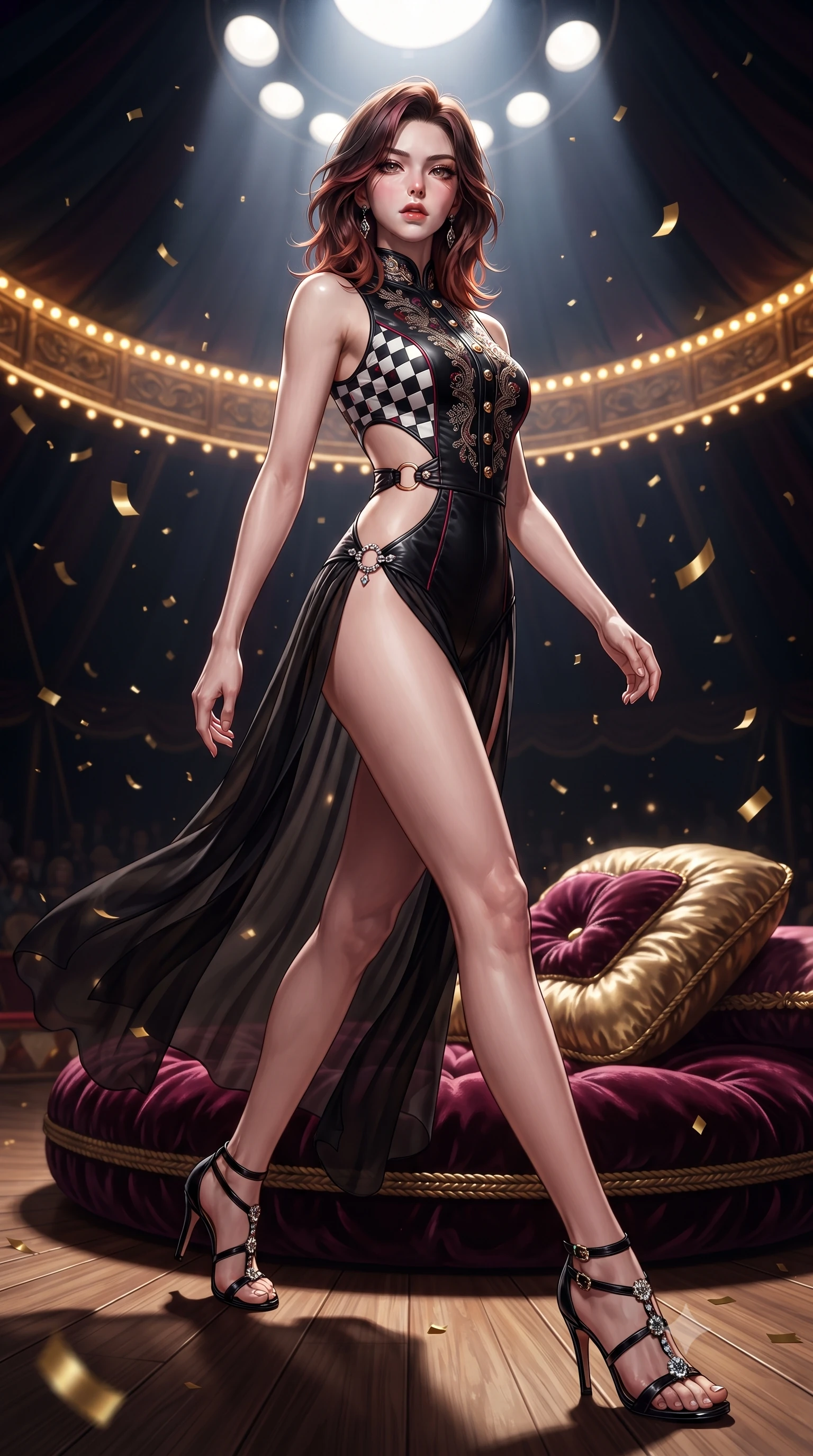 score_9, masterpiece, best quality, ultra-detailed, high-budget anime keyframe, editorial fashion photography, tasteful artistic composition, Korean woman. low angle full-body shot from head to toe showing her feet, filling the entire 9:16 vertical frame with her statuesque presence, stretching her vertical silhouette. striding forward in a proud supermodel runway stride, hips swaying in an alluring kinetic rhythm that accentuates her curvy hourglass silhouette while reclining languidly on a velvet ring cushion inside the dark circus tent, spine arched in an alluring S-curve as gold confetti flutters around her. The surrounding environment is rendered in vivid detail and crisp panoramic clarity. detailed theatrical costume embroidery, brass button sheen, and polished wood grain in high resolution. She has an absolutely perfect, statuesque 8.5-heads proportion, an exceptionally tall and slender model-like female figure with impossibly long slender legs, a toned flat midriff, an ultra-slim waist, and beautifully sculpted feminine hips. sharp v-shaped jawline, high-bridge nose, intricate jewel-like eyes with depth, thick eyelashes, glossy parted lips with a natural sheen, intensely captivating and seductive bedroom-eyes expression, flawlessly proportioned anatomical accuracy, strict slender model proportions, natural body alignment, perfectly sculpted long slender limbs, ultra-slim waistline, clean dynamic posture without body distortion. wearing a second-skin black leather acrobatic bodysuit with side-waist diamond cutouts and gold ring clasps in high-contrast black and crisp white checkerboard with red accents, woven from layered gossamer chiffon with a weightless sweeping drape, finished with an ultra-high side slit secured by miniature jeweled clasps, the dramatically scooped open back descending to the base of her spine, accentuating her razor-sharp statuesque lines and curvy hourglass silhouette. bathed in dramatic overhead circular spotlight beams and warm golden carousel perimeter glow. ultra-reflective glossy finish, specular highlights, rich textural contrasts, high-contrast stereoscopic depth, volumetric dynamic lighting, 2k, ultra detail, master piece, 9:16 ratio
