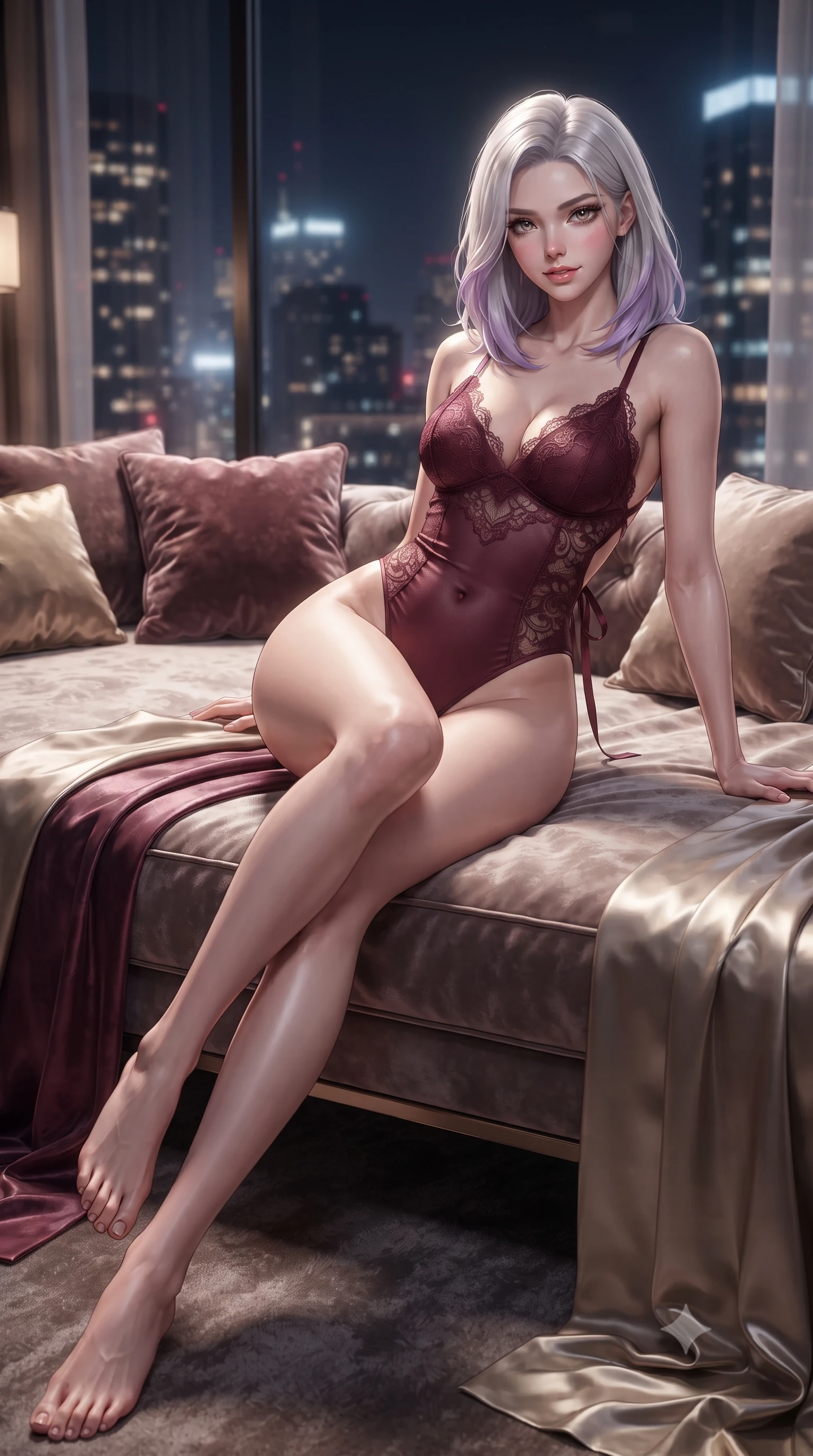score_9, masterpiece, best quality, ultra-detailed, high-budget anime keyframe, editorial fashion photography, tasteful artistic composition, Caucasian woman. low angle full-body shot from head to toe showing her feet, filling the entire 9:16 vertical frame with her statuesque presence, stretching her vertical silhouette. lounging on the lavish daybed with legs crossed and hips angled toward the camera, displaying her toned midriff and long slender limbs with effortless siren poise while twisting her slender torso in an alluring contrapposto stance, night city lights reflecting off her form-fitting outfit and curvy hips. The background shows a soft-focus laser security sensor housings softened in luxury high-rise shallow focus. She has an absolutely perfect, statuesque 8.5-heads proportion, an exceptionally tall and slender model-like female figure with impossibly long slender legs, an ultra-slim waist, a flat toned midriff, narrow delicate ribcage, and beautifully sculpted feminine hips creating a graceful, slim hourglass silhouette without any bulky heaviness. sharp v-shaped jawline, high-bridge nose, sparkling eyes with hypnotic seductive depth, thick curled eyelashes, glossy parted lips with a natural dewy peach sheen, alluring bedroom-eyes with an enchanting coquettish smile, exuding magnetic siren charisma and sophisticated glamour, flawlessly proportioned anatomical accuracy, strict slender model proportions, natural body alignment, perfectly sculpted long slender limbs, ultra-slim waistline, clean dynamic posture without body distortion. wearing a backless stretch lace ballet leotard with high-cut leg openings and delicate criss-cross satin back ribbons in smoky bordeaux wine and gilded bronze, woven from buttery-soft stretch lambskin leather adhering to her body like a second skin, finished with scalloped eyelash lace trim framing her sweetheart neckline with intimate elegance, the liquid-tight tailored fabric clinging flawlessly to her narrow waist and rounded feminine hips, emphasizing every millimeter of her sculpted slim hourglass curves without any bulky heaviness. illuminated by glass window reflection bounce and sharp platinum rim lights sculpting her jawline, ultra-slim waist, and curvy hips. ultra-reflective glossy finish, specular highlights, rich textural contrasts, high-contrast stereoscopic depth, volumetric dynamic lighting, 2k, ultra detail, master piece, 9:16 ratio