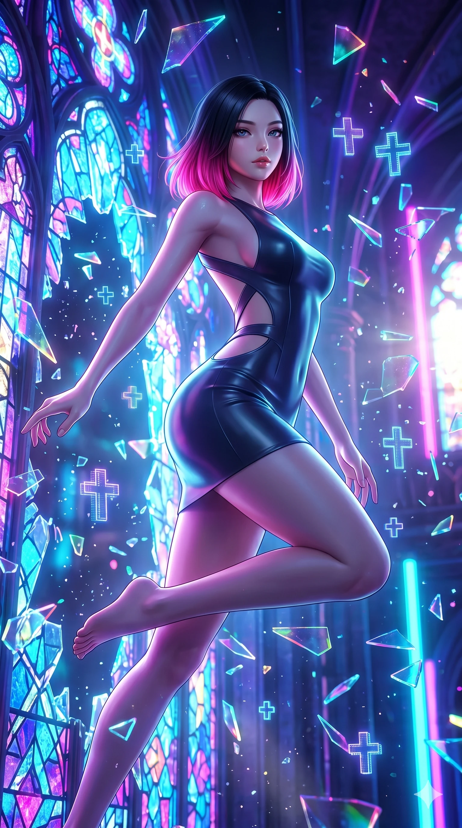 score_9, masterpiece, best quality, ultra-detailed, high-budget anime keyframe, semi-realistic 3D game render, Korean woman. Upper body close-up from the thighs up, character filling the screen for maximum presence. She is leaping through shattered stained glass of a neon-lit futuristic cathedral. She maintains a serene yet captivating expression amidst a rain of glowing shards and floating digital cross symbols. She has an absolutely perfect 8-heads proportion, an exceptionally tall and slender female figure with impossibly long slender legs and an ultra-slim waist. V-shaped jawline, high-bridge nose, intricate jewel-like eyes with depth, thick eyelashes, glossy lips with a natural sheen. She is wearing a second-skin fashion-latex mini dress with a clean architectural front, featuring an open-back design that wraps around the sides of her waist, showcasing her slender silhouette. The scene is backlit by intense multi-colored neon light rays and volumetric dawn light filtering through fog. 2k, ultra detail, master piece, 9:16 ratio