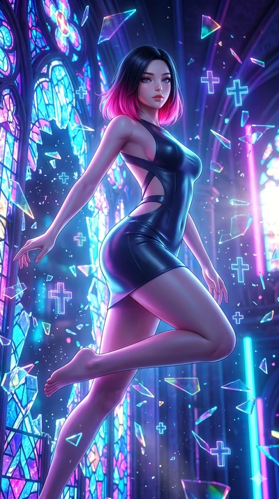 score_9, masterpiece, best quality, ultra-detailed, high-budget anime keyframe, semi-realistic 3D game render, Korean woman. Upper body close-up from the thighs up, character filling the screen for maximum presence. She is leaping through shattered s