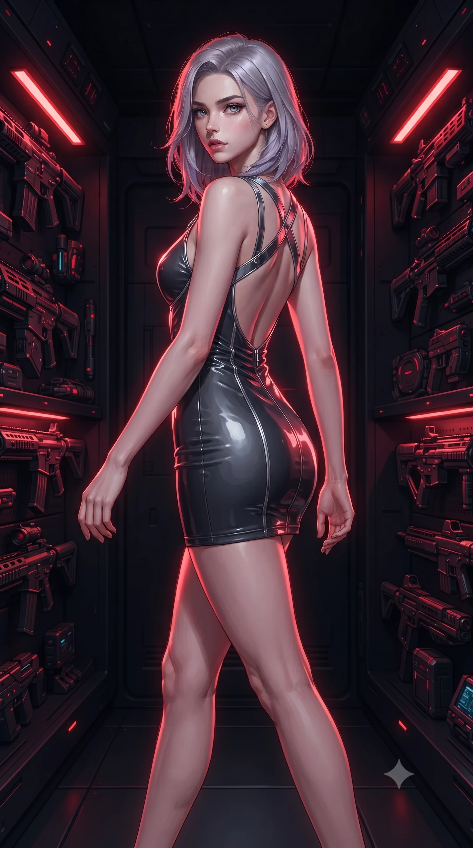 score_9, masterpiece, best quality, ultra-detailed, high-budget anime keyframe, editorial fashion photography, tasteful artistic composition, Caucasian woman. low angle full-body shot from head to toe showing her feet, filling the entire 9:16 vertical frame with her statuesque presence, stretching her vertical silhouette. stepping gracefully through the dark environment, stretching her statuesque silhouette, inside a dark high-tech armoury lined with glowing red cybernetic weapon racks, intense futuristic dark atmosphere with crisp subject isolation. She has an absolutely perfect, statuesque 8.5-heads proportion, an exceptionally tall and slender model-like female figure with impossibly long slender legs and an ultra-slim waist. sharp v-shaped jawline, high-bridge nose, intricate jewel-like eyes with depth, thick eyelashes, glossy lips with a natural sheen. wearing dramatically scooped backless dark satin mini dress with criss-cross chrome straps in dark charcoal gray, made of high-gloss liquid vinyl, finished with metallic silver boning and sleek zipper points, sculpting her athletic slender build with refined precision. surrounded by a glowing red cybernetic aura with sharp rim highlights. highly saturated vibrant anime colors, detailed shading with soft gradients, rich glossy textures, high-contrast stereoscopic depth, volumetric dynamic lighting, master piece, 9:16 ratio