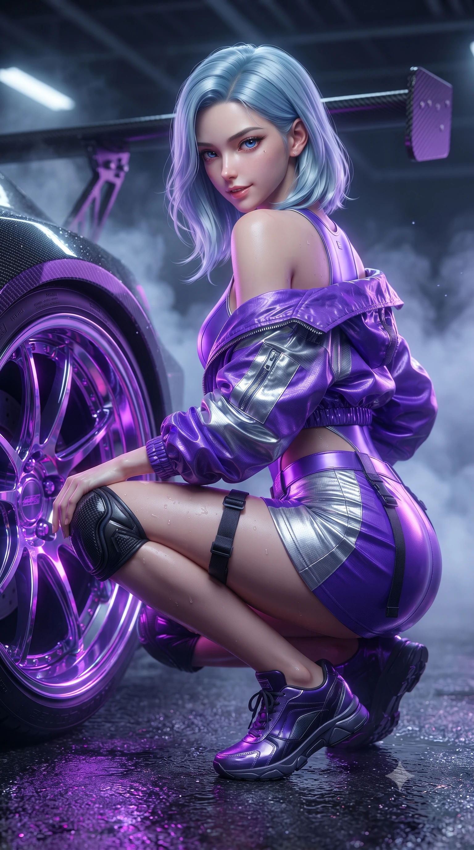 score_9, masterpiece, best quality, ultra-detailed, high-budget anime keyframe, editorial fashion photography, tasteful artistic composition, Korean woman. close-up cowboy shot from the waist and thighs up, the character dominates the composition, filling the frame with her large presence. turning over a bare shoulder with an intoxicating, teasing smile, her soft hair framing her sharp jawline as she looks back while crouching low beside a glowing neon wheel rim, one hand resting on her thigh, casting an intense, electrifying smirk. The composition keeps background elements in soft focus with creamy bokeh. drifting tire smoke sheets and carbon-fiber garage gantries softened in moody shallow focus. She has an exceptionally elegant, slender, and willowy female figure with an ultra-slim waist, a gracefully sculpted slender torso, toned flat midriff, and a refined slim silhouette. sharp v-shaped jawline, high-bridge nose, intricate jewel-like eyes with depth, thick eyelashes, glossy parted lips with a natural sheen, intensely captivating and seductive expression, flawlessly proportioned anatomical accuracy, strict slender model proportions, natural body alignment, perfectly sculpted long slender limbs, ultra-slim waistline, clean dynamic posture without body distortion. wearing a sporty high-cut racerback bodysuit paired with an open technical windbreaker and micro-skirt in toxic ultraviolet purple and chrome silver, made of durable ripstop technical nylon with metallic zipper teeth, accented with hanging industrial clip straps and carbon fiber knee sliders, the liquid-tight tailored fabric emphasizing every curve of her tall, slender model proportions and sculptured silhouette. illuminated by wet specular asphalt bounce lights sculpting her toned midriff, slender waist, and long legs. ultra-reflective glossy finish, specular highlights, rich textural contrasts, high-contrast stereoscopic depth, volumetric dynamic lighting, 2k, ultra detail, master piece, 9:16 ratio
