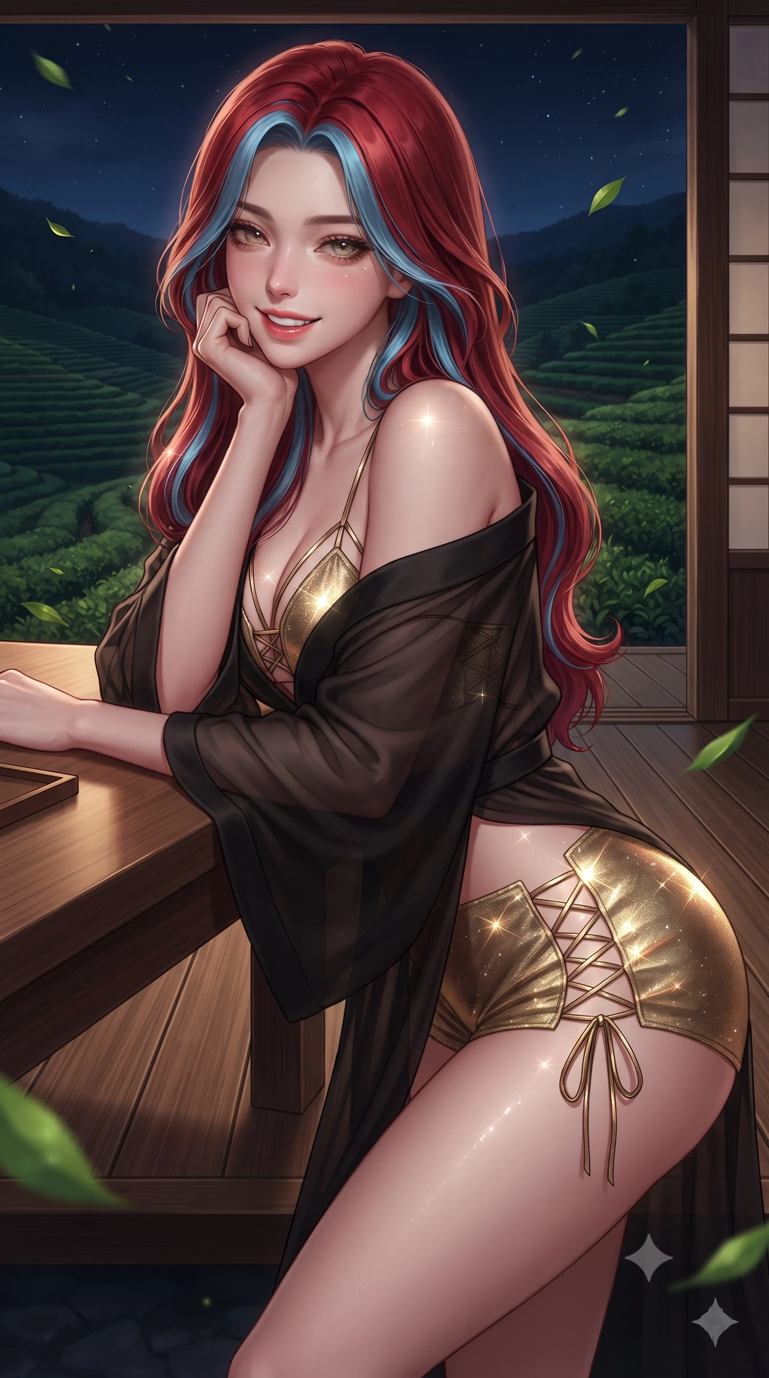 score_9, masterpiece, best quality, ultra-detailed, high-budget anime keyframe, editorial fashion photography, tasteful artistic composition, Caucasian woman. close-up cowboy shot from the waist and thighs up, the character dominates the composition, filling the frame with her large presence. resting one elbow on the table and supporting her chin, leaning close to the camera with heavy-lidded sparkling eyes and parted lips while standing poised on the wide cedar veranda overlooking endless rolling green tea terraces, arching her lower back as midnight breezes rustle tea leaves. The surrounding environment is rendered in vivid detail and crisp panoramic clarity: sharp cedar decking grain, floating emerald green tea leaves, and tea bush foliage texture in deep focus. She has an exceptionally elegant, slender, and willowy female figure with an ultra-slim waist, flat toned midriff, narrow ribcage, and sculpted feminine hips creating an alluring, slim hourglass silhouette without bulk. sharp v-shaped jawline, high-bridge nose, intricate jewel-like sparkling eyes with depth, thick eyelashes, glossy parted lips with a natural peach sheen, bright cheerful beaming smile with an enchanting and coquettish sensual glint, exuding both youthful cute charm and seductive allure, flawlessly proportioned anatomical accuracy, strict slender model proportions, natural body alignment, perfectly sculpted long slender limbs, ultra-slim waistline, clean dynamic posture without body distortion. wearing an ethereal translucent silk chiffon yukata robe slipping off bare shoulders over a strappy underwire bralette and micro-shorts in Shanghai noir black and imperial 24k gold, woven from stretch metallic lurex jersey casting radiant starlight glints across her curves, featuring fine criss-cross lace-up side ties revealing tantalizing glimpses of her hip curve, the precision-cut side openings and low-back scoop framing her graceful spine and the sensual sweep of her slim, toned hips. illuminated by tea bath caustics bounce and sharp pearlescent-jade rim lights defining her dewy collarbones, ultra-slim waist, and curvy hips. ultra-reflective glossy finish, specular highlights, rich textural contrasts, high-contrast stereoscopic depth, volumetric dynamic lighting, 2k, ultra detail, master piece, 9:16 ratio