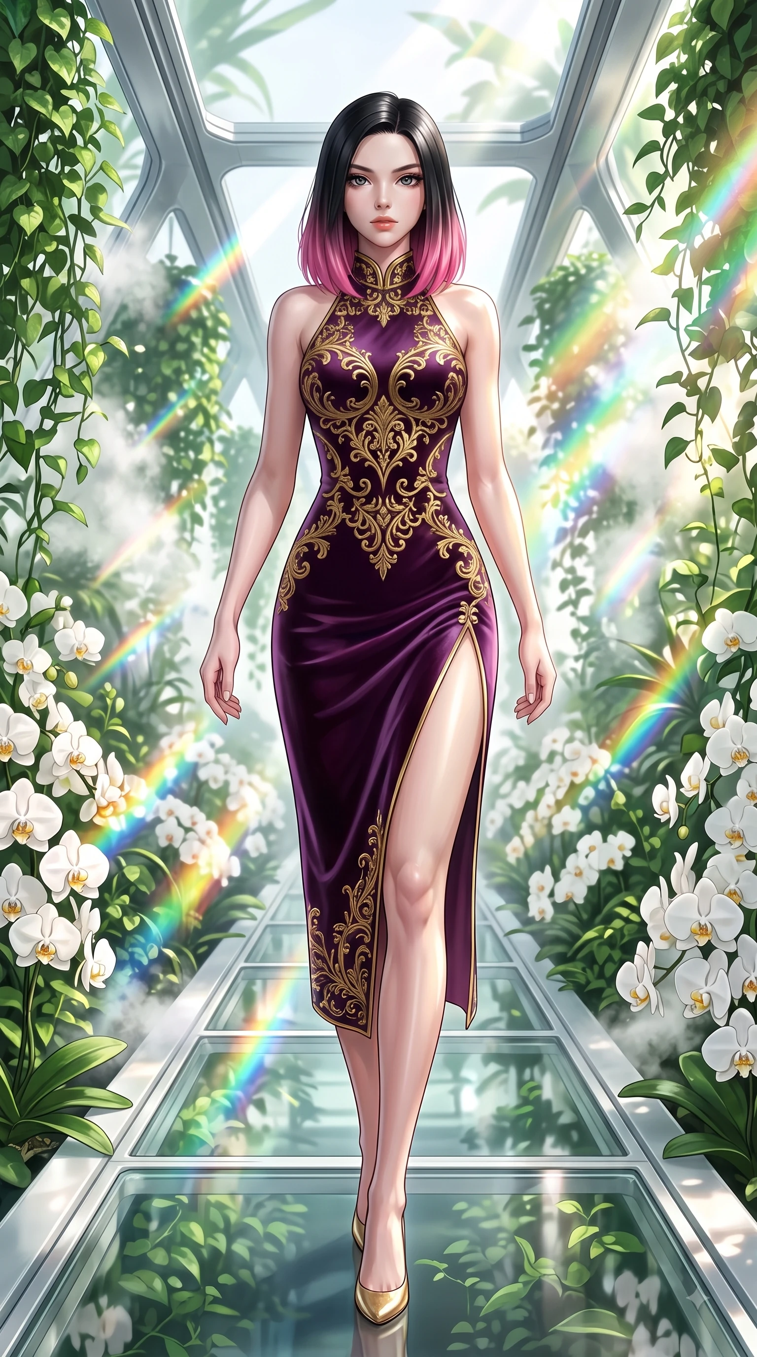 score_9, masterpiece, best quality, ultra-detailed, high-budget anime keyframe, editorial fashion photography, tasteful artistic composition, Korean woman. low angle full-body shot from head to toe showing her feet, filling the entire 9:16 vertical frame with her statuesque presence, stretching her vertical silhouette. pivoting dynamically in zero-gravity with fluid S-curve alignment, displaying her perfect model proportions while walking along a platinum-framed glass walkway flanked by lush green vines and white orchids, steam clouds refracting sunlight into brilliant rainbow prisms around her form. She has an absolutely perfect, statuesque 8.5-heads proportion, an exceptionally tall and slender model-like female figure with impossibly long slender legs and an ultra-slim waist. sharp v-shaped jawline, high-bridge nose, intricate jewel-like eyes with depth, thick eyelashes, glossy lips with a natural sheen, flawlessly proportioned anatomical accuracy, natural body alignment, perfectly sculpted elegant limbs, clean dynamic posture without body distortion. wearing a velvet halter-neck midi dress following her form like a glove in plum purple and gold filigree, crafted from smooth liquid silk, finished with a sleek side slit ascending to mid-thigh, the sleek second-skin texture accentuating her magnetic presence. surrounded by a bright, airy ambiance with radiant white and green highlights. ultra-reflective glossy finish, specular highlights, metallic sheen, high-contrast stereoscopic depth, volumetric dynamic lighting, 2k, ultra detail, master piece, 9:16 ratio