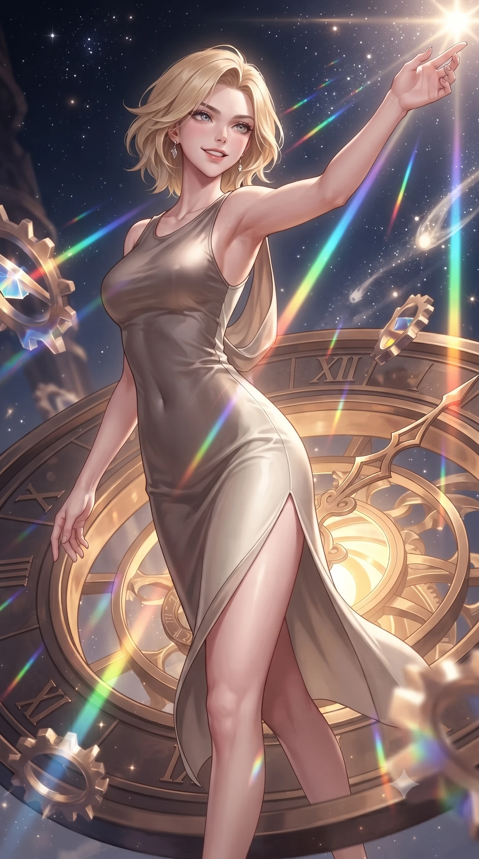 score_9, masterpiece, best quality, ultra-detailed, high-budget anime keyframe, editorial fashion photography, tasteful artistic composition, Caucasian woman. close-up cowboy shot from the waist and thighs up, the character dominates the composition, filling the frame with her large presence, background elements kept in soft focus. Extending one arm in an elegant stretch toward the light while smiling with magnetic self-assurance while pivoting dynamically on a revolving bronze zodiac dial surrounded by comet dust streams, floating prism gears scattering brilliant rainbow light beams across her statuesque build. She has an exceptionally elegant, slender, and willowy female figure with an ultra-slim waist, a gracefully sculpted slender torso, and a refined silhouette. sharp v-shaped jawline, high-bridge nose, intricate jewel-like eyes with depth, thick eyelashes, glossy lips with a natural sheen, flawlessly proportioned anatomical accuracy, natural body alignment, perfectly sculpted elegant limbs, clean dynamic posture without body distortion. wearing a precision-fitted liquid jersey bodycon dress with a graceful draped back in muted taupe and soft ivory, made of premium stretch velvet with a rich sheen, finished with a sleek side slit ascending to mid-thigh, the sleek second-skin texture accentuating her magnetic presence. bathed in brilliant starlight and warm golden inner glow from the clockwork citadel. ultra-reflective glossy finish, specular highlights, metallic sheen, high-contrast stereoscopic depth, volumetric dynamic lighting, 2k, ultra detail, master piece, 9:16 ratio