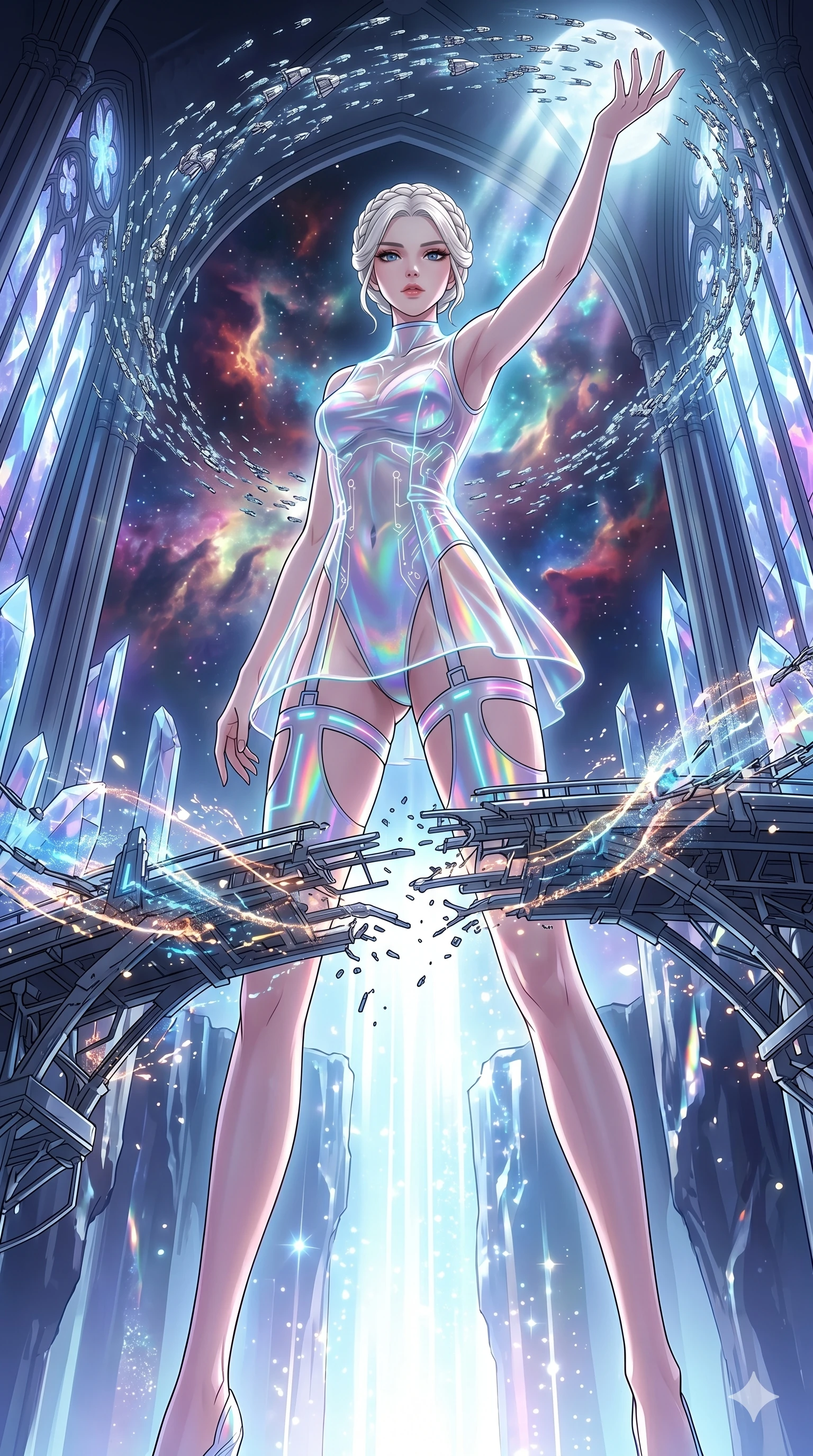 score_9, masterpiece, best quality, ultra-detailed, High-budget Anime Keyframe, vibrant colors, fluid line-art, expressive lighting, cinematic composition, Ufotable-style visual effects, top-tier animation quality, Japanese woman with delicate and elegant anime-inspired features. Dramatic low angle looking up at her majestic stature, dominating the vertical space of the composition. Orchestrating a storm of trillions of nanobots to repair a massive broken bridge over a canyon of light. She has an absolutely perfect 8-heads proportion, an exceptionally tall and slender female figure with impossibly long slender legs and an ultra-slim waist, her statuesque height and towering silhouette dominating the vertical 9:16 frame. Her face is a masterpiece featuring a sharp v-shaped jawline, high-bridge nose, intricate jewel-like eyes with depth, thick eyelashes, and glossy lips with a natural sheen. She is wearing a Transparent mini-dress with glowing internal circuits and a high-cut structural leotard crafted from Holographic chiffon that changes color with every movement, creating a rainbow effect, with integrated neon-lit tactical gear and suggestive cutouts on the thighs. The scene is set in a majestic gothic cathedral in deep space with massive windows overlooking a swirling nebula, illuminated by ethereal moonlight filtering through a crystalline canopy, creating soft highlights. 2k, ultra detail, master piece, 9:16 ratio