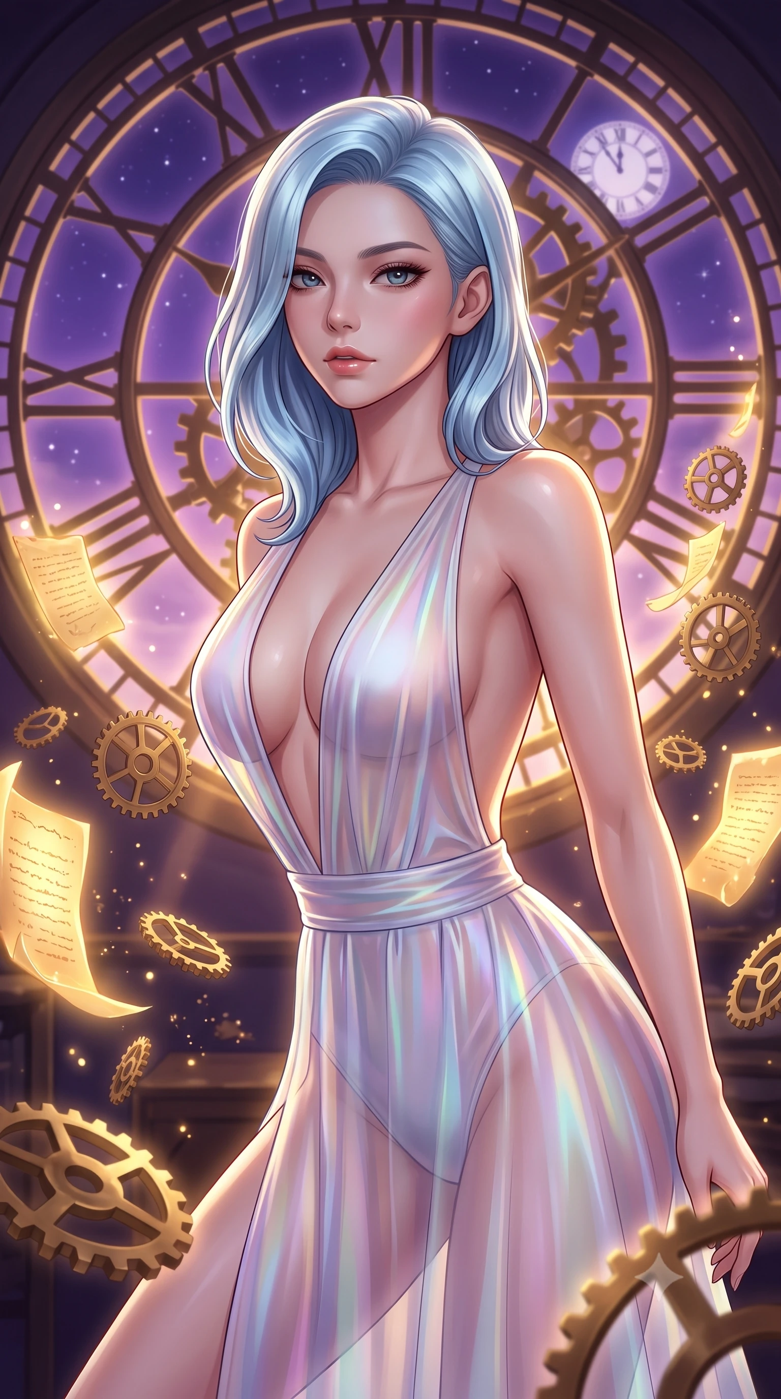 score_9, masterpiece, best quality, ultra-detailed, high-budget anime keyframe, editorial fashion photography, tasteful artistic composition, Korean woman. close-up cowboy shot from the waist and thighs up, the character dominates the composition, filling the frame with her large presence, background elements kept in soft focus. Leaning slightly forward with a composed, seductive gaze under soft glowing light surrounded by floating antique brass gears and glowing golden parchment scrolls, dramatic twilight amber light streaming through the giant clock window. She has an exceptionally elegant, slender, and willowy female figure with an ultra-slim waist, a gracefully sculpted slender torso, and a refined silhouette. sharp v-shaped jawline, high-bridge nose, intricate jewel-like eyes with depth, thick eyelashes, glossy lips with a natural sheen. wearing a translucent iridescent chiffon gown with a dramatic plunging neckline and open back, the sleek second-skin texture accentuating her magnetic presence. lit by a contrast of deep violet sky and radiant golden mechanical light. highly saturated vibrant anime colors, detailed shading with soft gradients, rich glossy textures, high-contrast stereoscopic depth, volumetric dynamic lighting, master piece, 9:16 ratio