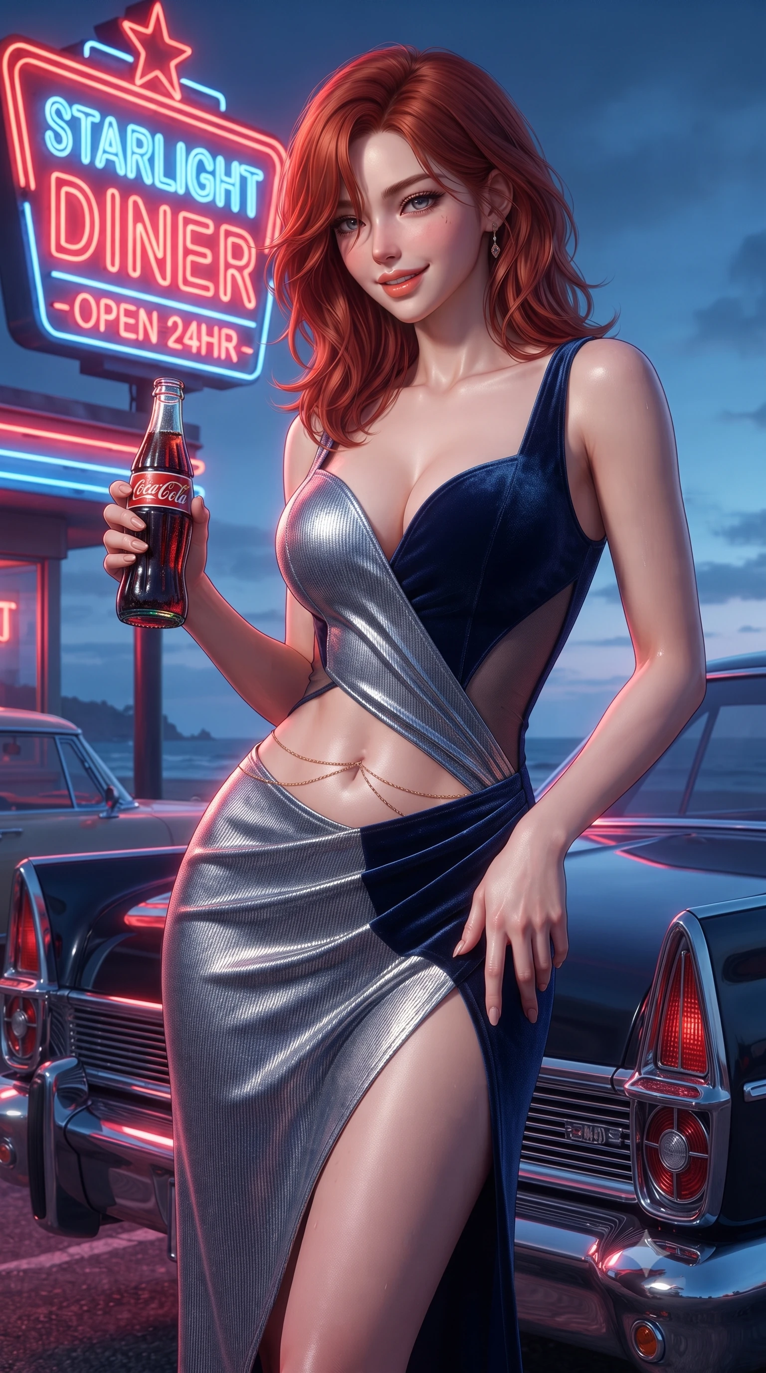 score_9, masterpiece, best quality, ultra-detailed, high-budget anime keyframe, editorial fashion photography, tasteful artistic composition, Korean woman. close-up cowboy shot from the waist and thighs up, the character dominates the composition, filling the frame with her large presence. tilting her head with a teasing half-smile, running one hand slowly down the side of her hip in a flirtatious S-curve as ambient light caresses her silhouette while standing poised beside the diner's glowing neon sign with hips cocked back, holding a glass bottle soda with an intoxicating smile. The surrounding environment is rendered in vivid detail and crisp panoramic clarity: detailed rib-knit polo crop top texture, dewy skin highlights, and vintage automotive design in razor-sharp resolution. She has an exceptionally elegant, slender, and willowy female figure with an ultra-slim waist, flat toned midriff, narrow ribcage, and sculpted feminine hips creating an alluring, slim hourglass silhouette without bulk. sharp v-shaped jawline, high-bridge nose, sparkling eyes with hypnotic seductive depth, thick curled eyelashes, glossy parted lips with a natural dewy peach sheen, alluring bedroom-eyes with an enchanting coquettish smile, exuding magnetic siren charisma and sophisticated glamour, flawlessly proportioned anatomical accuracy, strict slender model proportions, natural body alignment, perfectly sculpted long slender limbs, ultra-slim waistline, clean dynamic posture without body distortion. wearing a deep sweetheart-neckline velvet bodycon dress with sheer side-torso cutouts accentuating her hourglass curves in metallic liquid silver and deep sapphire navy, tailored from fine ribbed modal knit with gentle elastic contouring and soft hand-feel, finished with a dainty gold belly chain resting across her flat midriff and curving hips, the high-slit wrap tailoring accentuating her ultra-slim waistline and the enchanting curve of her feminine hips with alluring seductive charm. bathed in the glowing neon illumination of the diner sign mixed with twilight coastal sky fill. ultra-reflective glossy finish, specular highlights, rich textural contrasts, high-contrast stereoscopic depth, volumetric dynamic lighting, 2k, ultra detail, master piece, 9:16 ratio