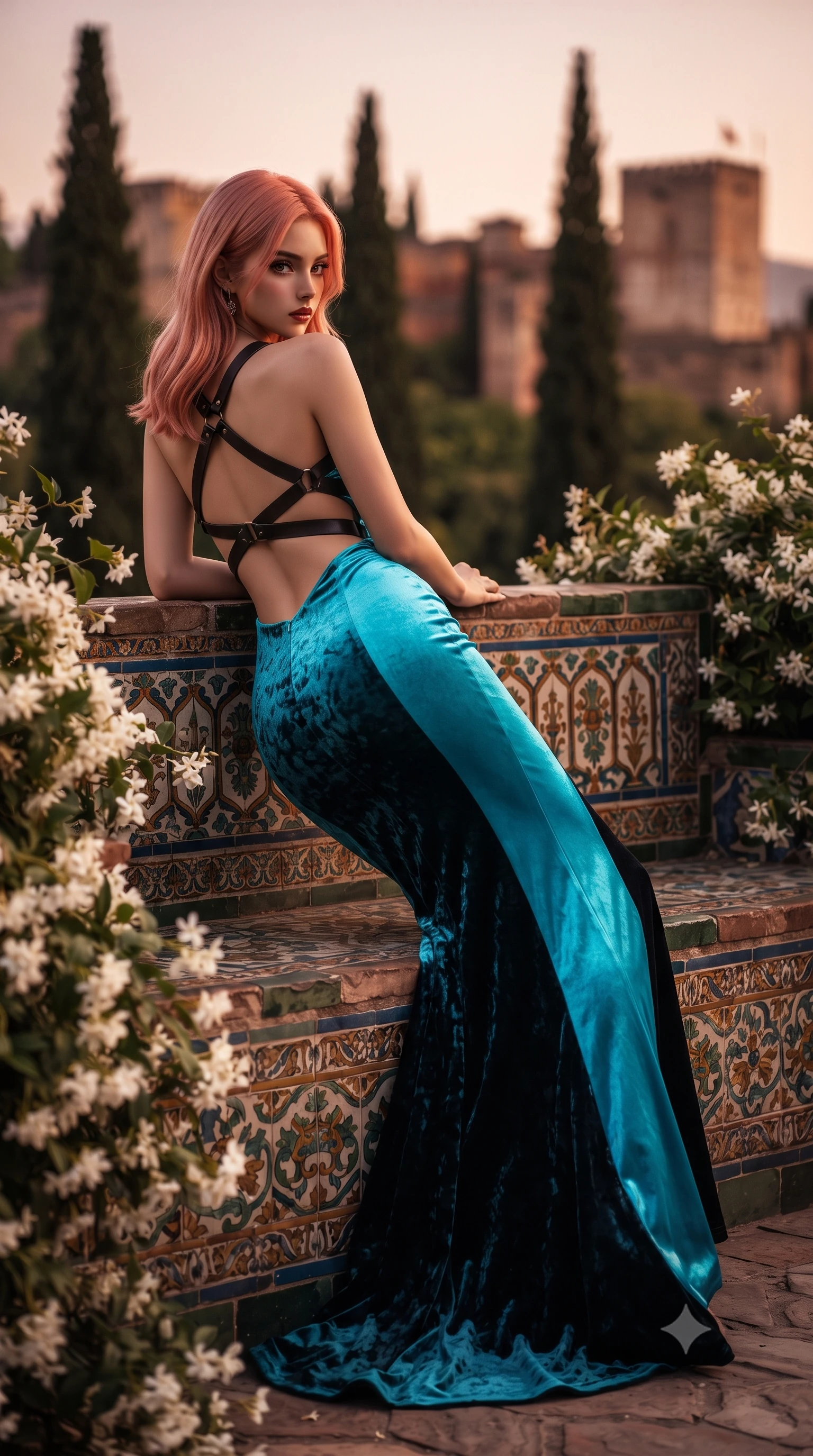 score_9, masterpiece, best quality, ultra-detailed, high-budget anime keyframe, editorial fashion photography, tasteful artistic composition, Japanese woman. low angle full-body shot from head to toe showing her feet, filling the entire 9:16 vertical frame with her statuesque presence, stretching her vertical silhouette. posing with back turned slightly to the lens, glancing back with smoldering allure as she arches her lower back to emphasize her sculpted feminine hips and slender waist while reclining languidly on a tiled bench surrounded by fragrant jasmine vines, her long slender legs and curvy hips framed by distant Alhambra towers. The composition keeps background elements in soft focus with creamy bokeh. fragrant white star jasmine blossoms, towering dark cypress spires, and distant Alhambra fortress battlements blurred into emerald, amber, and terracotta bokeh. She has an exceptionally tall and slender model-like 8.5-heads proportion, an ultra-slim waist, a flat toned midriff, narrow delicate ribcage, and beautifully sculpted feminine hips creating a graceful, slim hourglass silhouette without any bulky heaviness, with impossibly long slender legs. sharp v-shaped jawline, high-bridge nose, intricate jewel-like eyes with depth, thick eyelashes, glossy parted lips with a natural sheen, intensely captivating and seductive bedroom-eyes expression, flawlessly proportioned anatomical accuracy, strict slender model proportions, natural body alignment, perfectly sculpted long slender limbs, ultra-slim waistline, clean dynamic posture without body distortion. wearing a sculptured liquid-satin mermaid gown with an architectural open-waist cutout and bare spine in neon electric cyan and lacquer black, crafted from heavyweight crushed silk velvet with liquid vintage luster, featuring an open-back criss-cross harness strap in dark leather, the form-contouring material adhering flawlessly to her sculpted flat midriff and slender torso, emphasizing her long leg lines and perfectly proportioned willowy build. bathed in rich Andalusian dusk glow in shades of burnt sienna and dusty rose. ultra-reflective glossy finish, specular highlights, rich textural contrasts, high-contrast stereoscopic depth, volumetric dynamic lighting, 2k, ultra detail, master piece, 9:16 ratio
