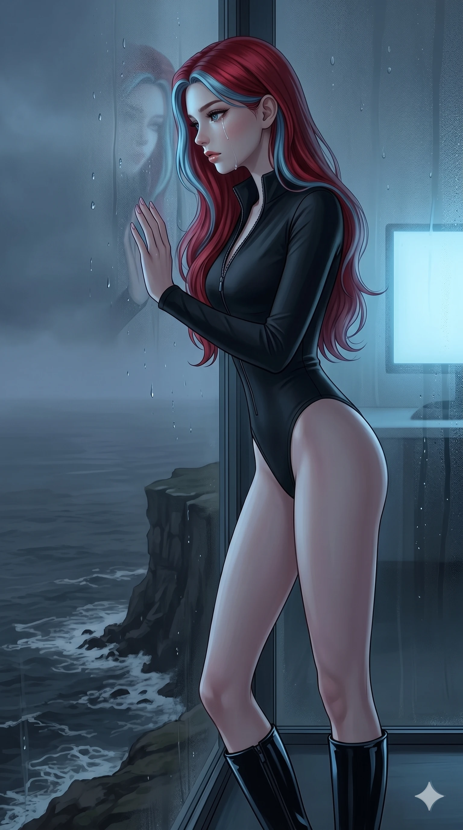 score_9, masterpiece, best quality, ultra-detailed, high-budget anime keyframe, editorial fashion photography, tasteful artistic composition, Caucasian woman, strictly human ears. cowboy shot from the thighs up, character and outfit filling the frame for maximum editorial presence. resting her head against the cold glass pane, a single tear tracing down her cheek as she looks away on a desolate cliffs edge overlooking a foggy, dark grey ocean at twilight (Scenario Code S-3). She has an absolutely perfect 8-heads proportion, an exceptionally tall and slender female figure with impossibly long slender legs and an ultra-slim waist. V-shaped jawline, high-bridge nose, intricate jewel-like eyes with depth, thick eyelashes, glossy lips with a natural sheen. wearing a precision-fitted matte black sleek one-piece suit stylishly stylishly unzipped collar, paired with high-cut patent leather boots. illuminated by the pale blue light of a distant monitor, casting a cool glow on her face. 2k, ultra detail, master piece, 9:16 ratio