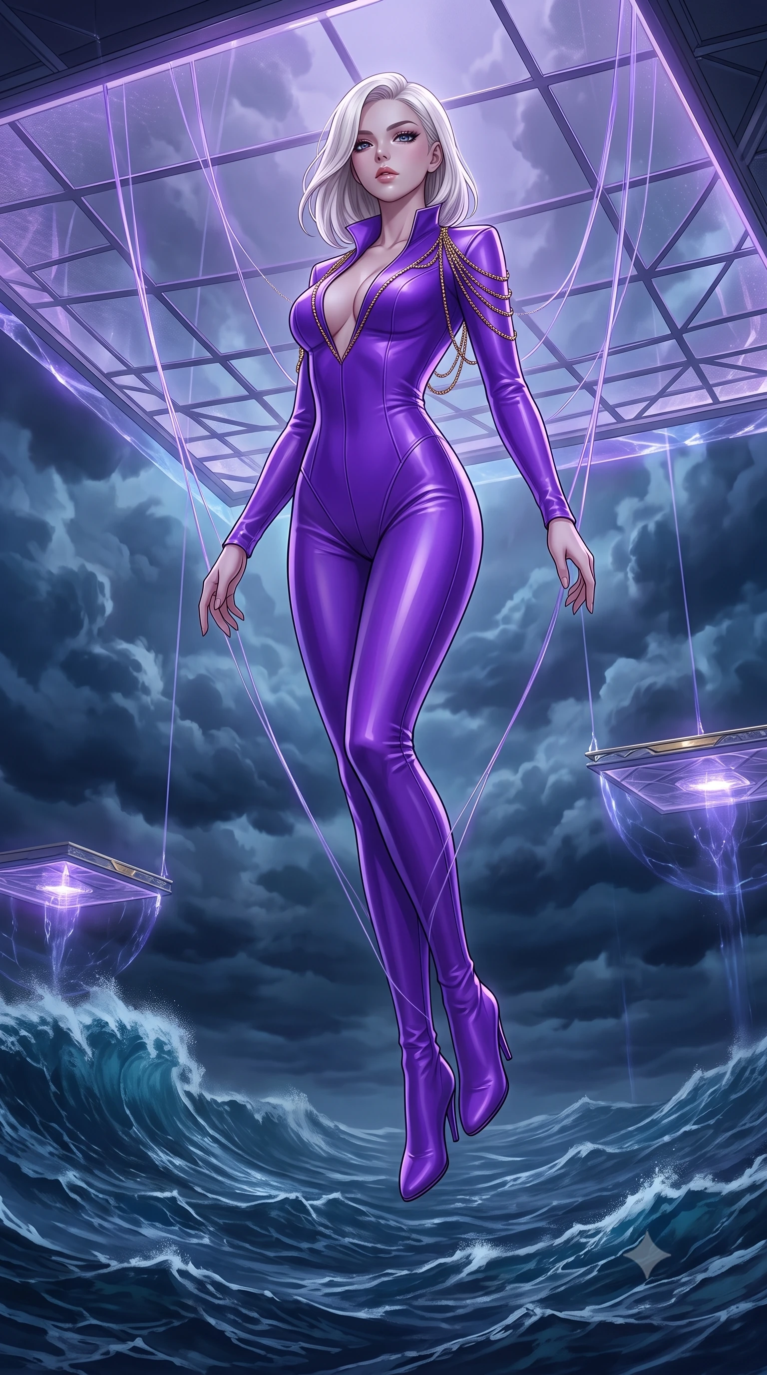 score_9, masterpiece, best quality, ultra-detailed, High-budget Anime Keyframe, Caucasian woman, strictly human ears. Low angle cowboy shot filling the entire 9:16 frame with her statuesque presence. Scenario 505: suspended by invisible silk threads inside a floating platform suspended over a stormy sea of dark blue water. Her presence is magnetic and overpowering in this high-budget anime scene. Outfit 505: a tailored neon violet matte vinyl catsuit featuring an elegant plunging collar and fine gold chains. The clothing is designed to emphasize her exceptionally tall and slender 8-heads proportion. 8-heads proportion, towering silhouette, ultra-slim waist. sharp v-shaped jawline, intricate jewel-like eyes with depth, thick eyelashes, glossy lips. 2k, ultra detail, master piece, 9:16 ratio