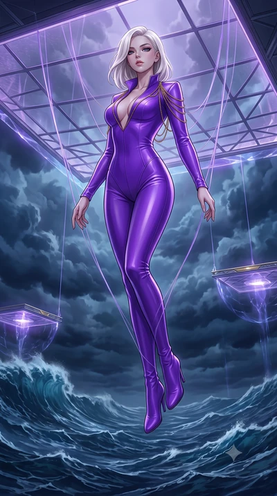 score_9, masterpiece, best quality, ultra-detailed, High-budget Anime Keyframe, Caucasian woman, strictly human ears. Low angle cowboy shot filling the entire 9:16 frame with her statuesque presence. Scenario 505: suspended by invisible silk threads 