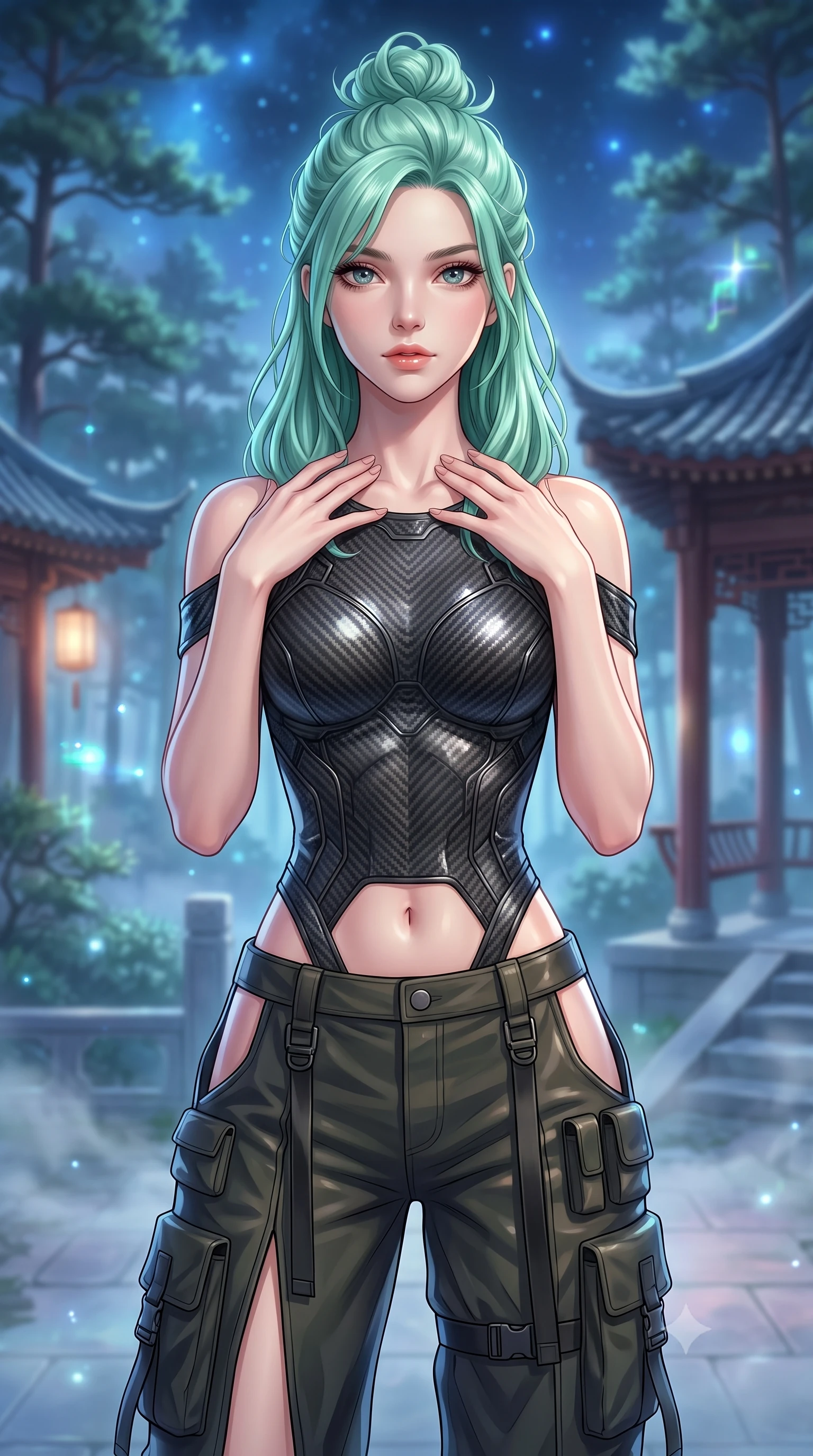 score_9, masterpiece, best quality, ultra-detailed, high-budget anime keyframe, editorial fashion photography, tasteful artistic composition, Japanese woman. close-up cowboy shot from the waist and thighs up, the character dominates the composition, filling the frame with her large presence, background elements kept in soft focus. standing in a relaxed, elegant posture with both hands resting lightly on her collarbone, looking at the viewer with bedroom-eyes, the background shows a soft-focus a holographic pine forest patio with Asian-style tiled pavilions. She has an exceptionally elegant, slender, and willowy female figure with an ultra-slim waist, a gracefully sculpted slender torso, and a refined silhouette. sharp v-shaped jawline, high-bridge nose, intricate jewel-like eyes with depth, thick eyelashes, glossy lips with a natural sheen. wearing a body-hugging off-shoulder carbon-fiber armor top paired with high-slit tactical cargo pants, showing her delicately sculpted midriff. Asian-style tiled pavilions under digital low mist and blue starlight. highly saturated vibrant anime colors, detailed shading with soft gradients, rich glossy textures, high-contrast stereoscopic depth, volumetric dynamic lighting, master piece, 9:16 ratio