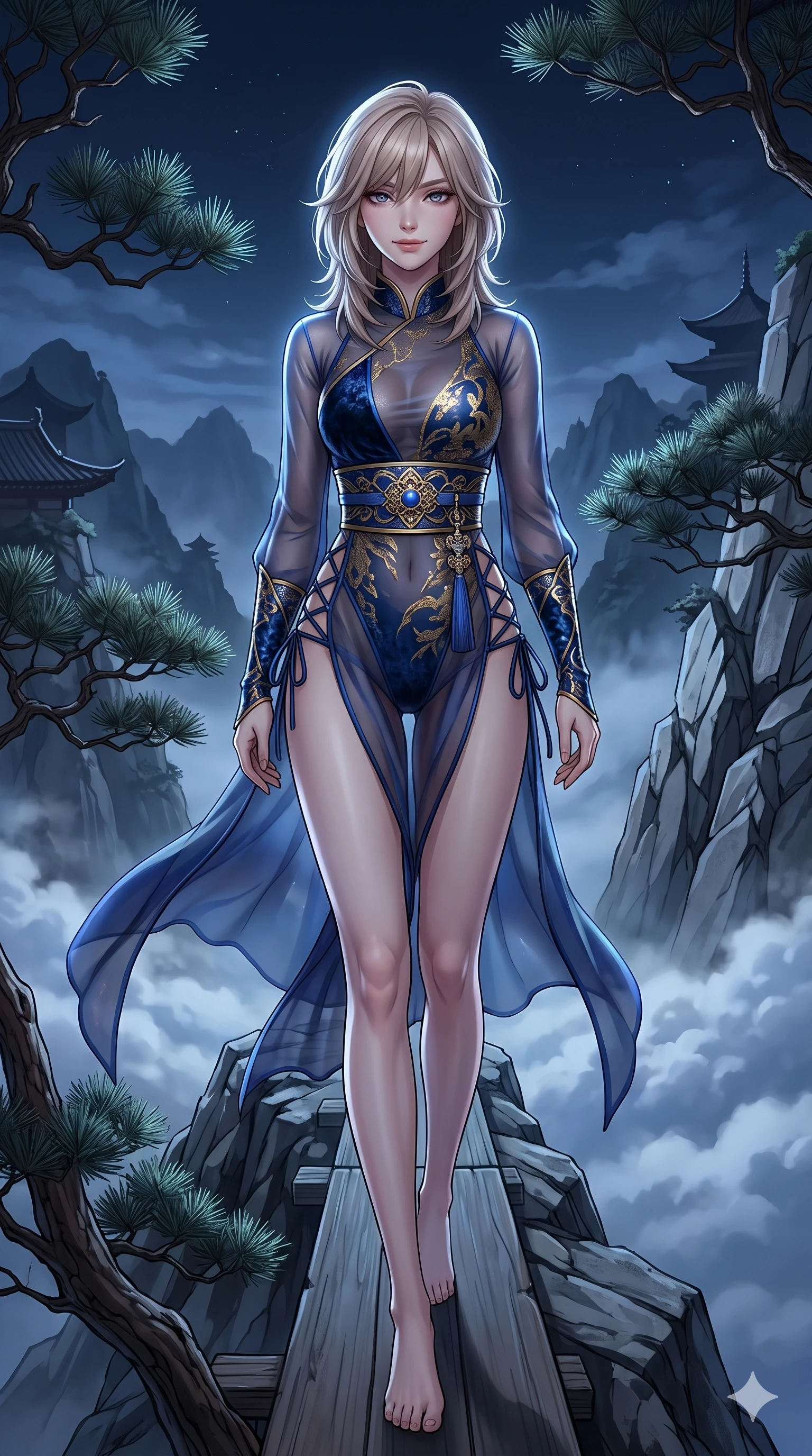 score_9, masterpiece, best quality, ultra-detailed, high-budget anime keyframe, semi-realistic 3D game render, editorial fashion photography, tasteful artistic composition, Japanese woman. low angle full-body shot from head to toe showing her feet, filling the entire 9:16 vertical frame with her statuesque presence, stretching her vertical silhouette. striding across the moonlit timber deck as nocturnal breezes whip her garments open, accentuating her long slender legs and curvy hips while walking slowly along the narrow rock ridge with feline poise, hips swaying in an alluring sensual rhythm that accentuates her curvy silhouette. The surrounding environment is rendered in vivid detail and crisp panoramic clarity: sharp fractured granite rock strata, twisted pine needle clusters, and distant pagoda roofline silhouettes in deep focus. She has an absolutely perfect, statuesque 8.5-heads proportion, an exceptionally tall and slender model-like female figure with impossibly long slender legs, an ultra-slim waist, a flat toned midriff, narrow delicate ribcage, and beautifully sculpted feminine hips creating a graceful, slim hourglass silhouette without any bulky heaviness. sharp v-shaped jawline, high-bridge nose, sparkling eyes with hypnotic seductive depth, thick curled eyelashes, glossy parted lips with a natural dewy peach sheen, alluring bedroom-eyes with an enchanting coquettish smile, exuding magnetic siren charisma and sophisticated glamour, flawlessly proportioned anatomical accuracy, strict slender model proportions, natural body alignment, perfectly sculpted long slender limbs, ultra-slim waistline, clean dynamic posture without body distortion. wearing a delicate semi-translucent wet-look mesh hanbok bodysuit clinging sheerly to her sculpted torso and hip curves in deep ocean cobalt and shimmering gold leaf, tailored from crushed dark velvet with deep light-absorbing plush texture, featuring fine criss-cross lace-up side ties revealing tantalizing glimpses of her hip curve, the glove-like clinging cut tightly following the natural contour of her hips and long slender legs with youthful 8.5-heads elegance. illuminated by cloud sea upward bounce and sharp silver-topaz rim lights defining her razor-sharp jawline, narrow waist, and curvy hips. highly saturated vibrant anime colors, detailed shading with soft gradients, rich glossy textures, high-contrast stereoscopic depth, volumetric dynamic lighting, master piece, 9:16 ratio