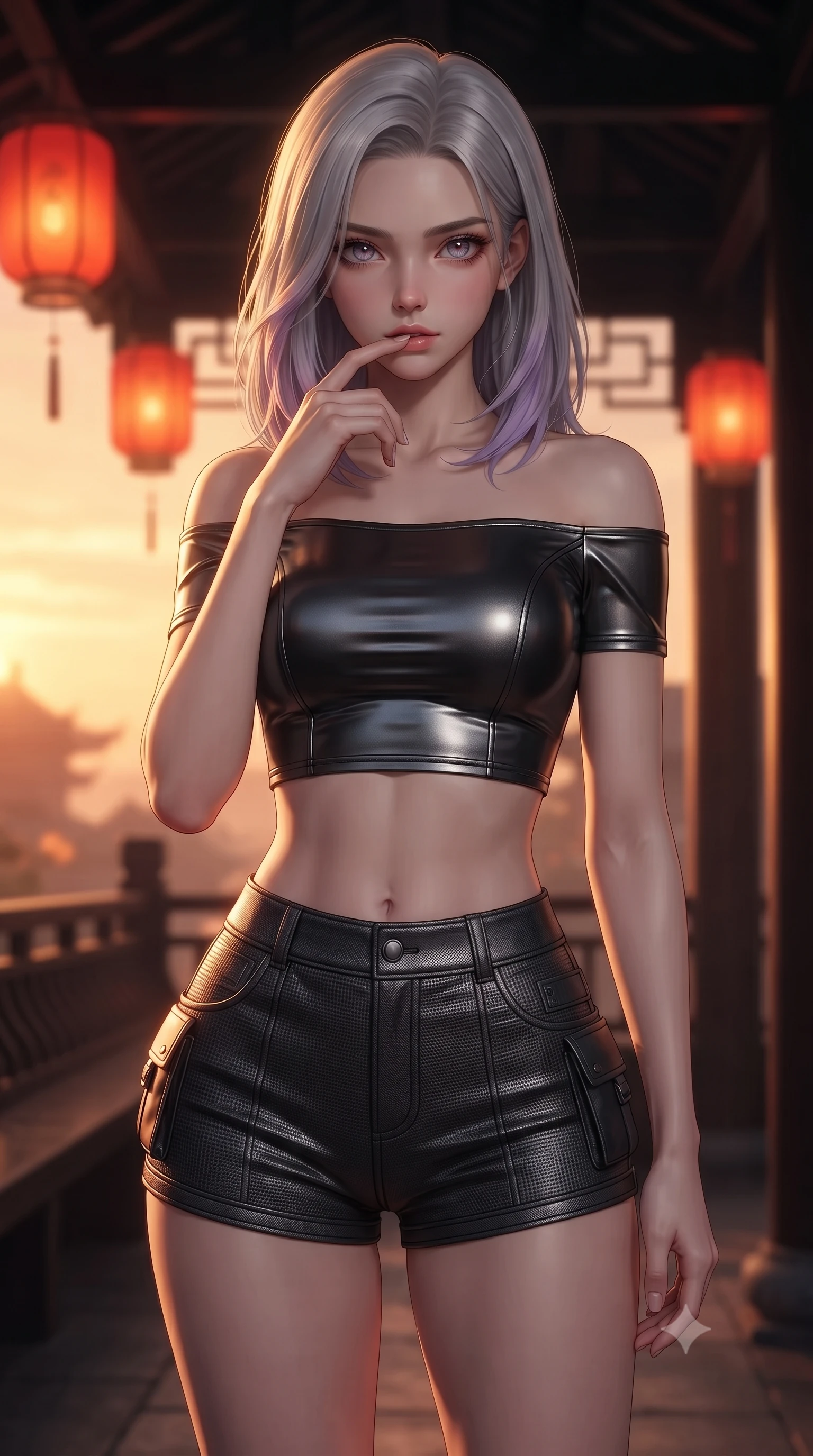 score_9, masterpiece, best quality, ultra-detailed, high-budget anime keyframe, editorial fashion photography, tasteful artistic composition, Caucasian woman. close-up cowboy shot from the waist and thighs up, the character dominates the composition, filling the frame with her large presence, background elements kept in soft focus. pressing one finger to her bottom lip in a thoughtful, composed gesture, locking eyes with the viewer, the background shows a soft-focus a tea pavilion balcony with red lanterns hanging from carbon beams. She has an exceptionally elegant, slender, and willowy female figure with an ultra-slim waist, a gracefully sculpted slender torso, and a refined silhouette. sharp v-shaped jawline, high-bridge nose, intricate jewel-like eyes with depth, thick eyelashes, glossy lips with a natural sheen. wearing a form-contouring chic off-shoulder carbon-plate crop top, paired with high-waisted utility micro-shorts. warm sunset light casting a peaceful, cozy orange wash on her figure. ultra-reflective glossy finish, specular highlights, metallic sheen, high-contrast stereoscopic depth, volumetric dynamic lighting, 2k, ultra detail, master piece, 9:16 ratio
