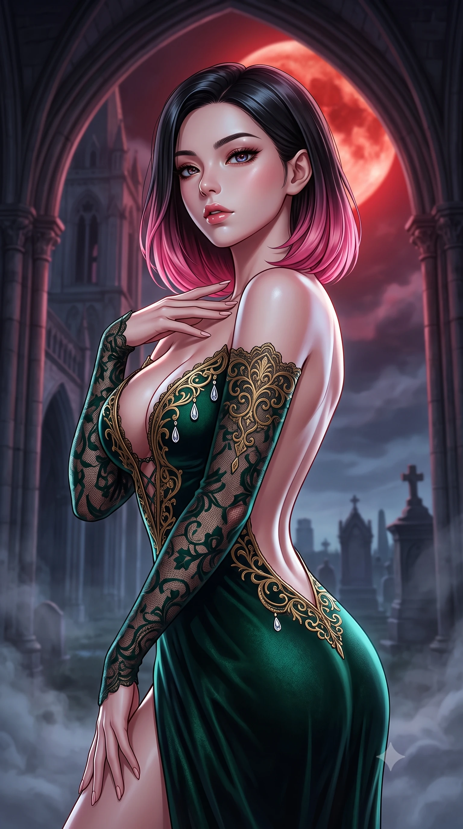 score_9, masterpiece, best quality, ultra-detailed, high-budget anime keyframe, semi-realistic 3D game render, editorial fashion photography, tasteful artistic composition, Korean woman. close-up cowboy shot from the waist and thighs up, the character dominates the composition, filling the frame with her large presence. resting one manicured hand delicately on her bare collarbone, her upper body twisting in a fluid, voluptuous yet slender curve while pivoting dynamically beneath colossal gothic cathedral arches as a total lunar eclipse casts blood-crimson shadows. The composition keeps background elements in soft focus with creamy bokeh. swirling night mist and distant cemetery monuments softened in cinematic shallow focus. She has an exceptionally elegant, slender, and willowy female figure with an ultra-slim waist, a gracefully sculpted slender torso, toned flat midriff, and a refined slim silhouette. sharp v-shaped jawline, high-bridge nose, intricate jewel-like eyes with depth, thick eyelashes, glossy parted lips with a natural sheen, intensely captivating and seductive expression, flawlessly proportioned anatomical accuracy, strict slender model proportions, natural body alignment, perfectly sculpted long slender limbs, ultra-slim waistline, clean dynamic posture without body distortion. wearing a dark romantic lace-sleeved evening gown with a plunging neckline and bare shoulders in antique emerald velvet and gold filigree, made of fluid silk crepe with delicate inner corsetry boning, accented with delicate crystal teardrop pendants at the neckline, the dramatically scooped open back descending to the base of her spine, accentuating her razor-sharp statuesque lines and slim hourglass silhouette. illuminated by crisp specular highlights defining her sculpted jawline, bare spine, and long limbs. highly saturated vibrant anime colors, detailed shading with soft gradients, rich glossy textures, high-contrast stereoscopic depth, volumetric dynamic lighting, master piece, 9:16 ratio
