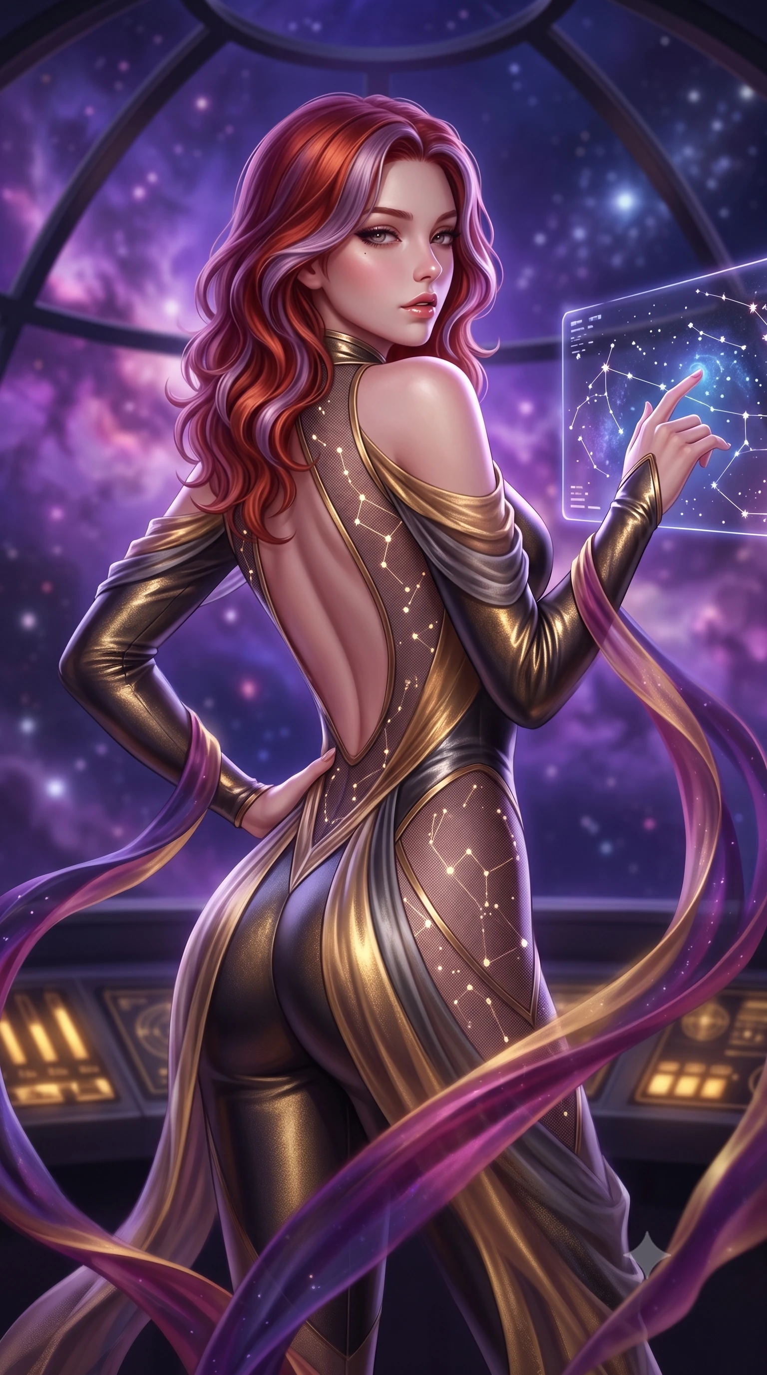 score_9, masterpiece, best quality, ultra-detailed, high-budget anime keyframe, semi-realistic 3D game render, editorial fashion photography, tasteful artistic composition, Caucasian woman. close-up cowboy shot from the waist and thighs up, the character dominates the composition, filling the frame with her large presence. posing in an alluring rear three-quarter angle, arching her lower back in a pronounced S-curve with one hand on her hip, glancing seductively over her bare shoulder with parted glossy lips while arching her spine in a fluid dancer stretch beneath the open observatory glass dome, fingers lightly tracing a floating star map. The composition keeps background elements in soft focus with creamy bokeh. swirling violet and magenta nebula clouds and distant star clusters blurred into celestial indigo, pink, and diamond-white bokeh. She has an exceptionally elegant, slender, and willowy female figure with an ultra-slim waist, a gracefully sculpted slender torso, toned flat midriff, and rounded feminine hips creating an alluring hourglass silhouette. sharp v-shaped jawline, high-bridge nose, intricate jewel-like eyes with depth, thick eyelashes, glossy parted lips with a natural sheen, intensely captivating and seductive bedroom-eyes expression, flawlessly proportioned anatomical accuracy, strict slender model proportions, natural body alignment, perfectly sculpted long slender limbs, ultra-slim waistline, clean dynamic posture without body distortion. wearing a second-skin starlight catsuit with sheer mesh constellation cutouts tracing her spine and curvy hips in molten starlight gold and dark gunmetal, woven from layered gossamer chiffon with a weightless sweeping drape, complemented by floating celestial silk ribbons catching the nebula light, the dramatically scooped open back descending to the base of her spine, accentuating her razor-sharp statuesque lines and curvy hourglass silhouette. bathed in cool violet nebula glow from above and warm golden brass indicator uplights. highly saturated vibrant anime colors, detailed shading with soft gradients, rich glossy textures, high-contrast stereoscopic depth, volumetric dynamic lighting, master piece, 9:16 ratio