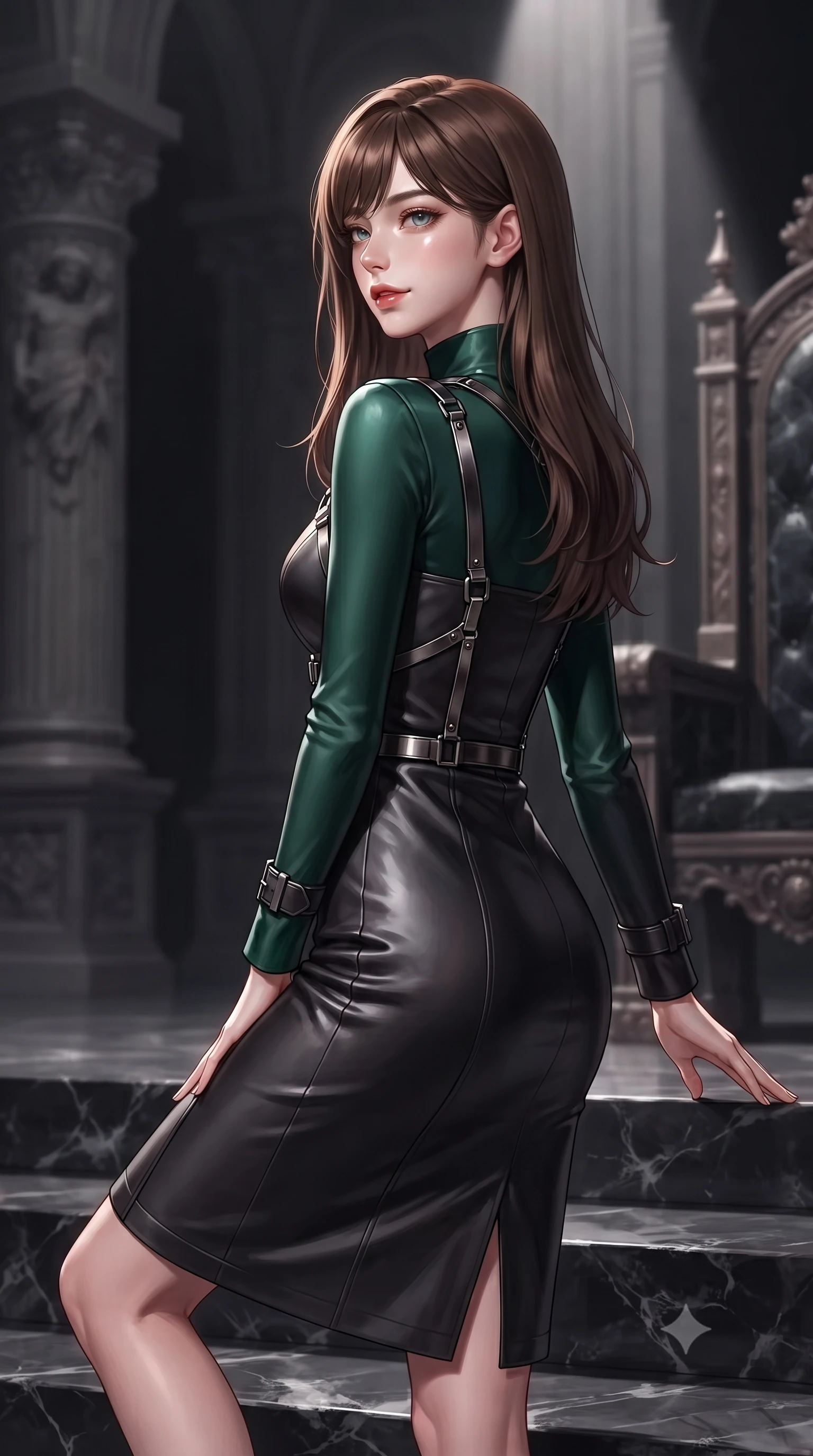 score_9, masterpiece, best quality, ultra-detailed, high-budget anime keyframe, editorial fashion photography, tasteful artistic composition, Korean woman. close-up cowboy shot from the waist and thighs up, the character dominates the composition, filling the frame with her large presence, background elements kept in soft focus. Glancing sidelong over her shoulder with a smoldering, enigmatic half-smile, ascending dark marble throne dais steps under dramatic theatrical spotlights, dramatic theatrical shadows swallowing the colossal architectural background. She has an exceptionally elegant, slender, and willowy female figure with an ultra-slim waist, a gracefully sculpted slender torso, and a refined silhouette. sharp v-shaped jawline, high-bridge nose, intricate jewel-like eyes with depth, thick eyelashes, glossy lips with a natural sheen. wearing structured dark charcoal trench dress over sleek high-neck top in deep emerald green, made of polished black leather, highlighted by a gunmetal metallic harness structure, the fitted fabric emphasizing her ultra-slim waist. lit by regal theatrical key light highlighting her dominant presence. highly saturated vibrant anime colors, detailed shading with soft gradients, rich glossy textures, high-contrast stereoscopic depth, volumetric dynamic lighting, master piece, 9:16 ratio